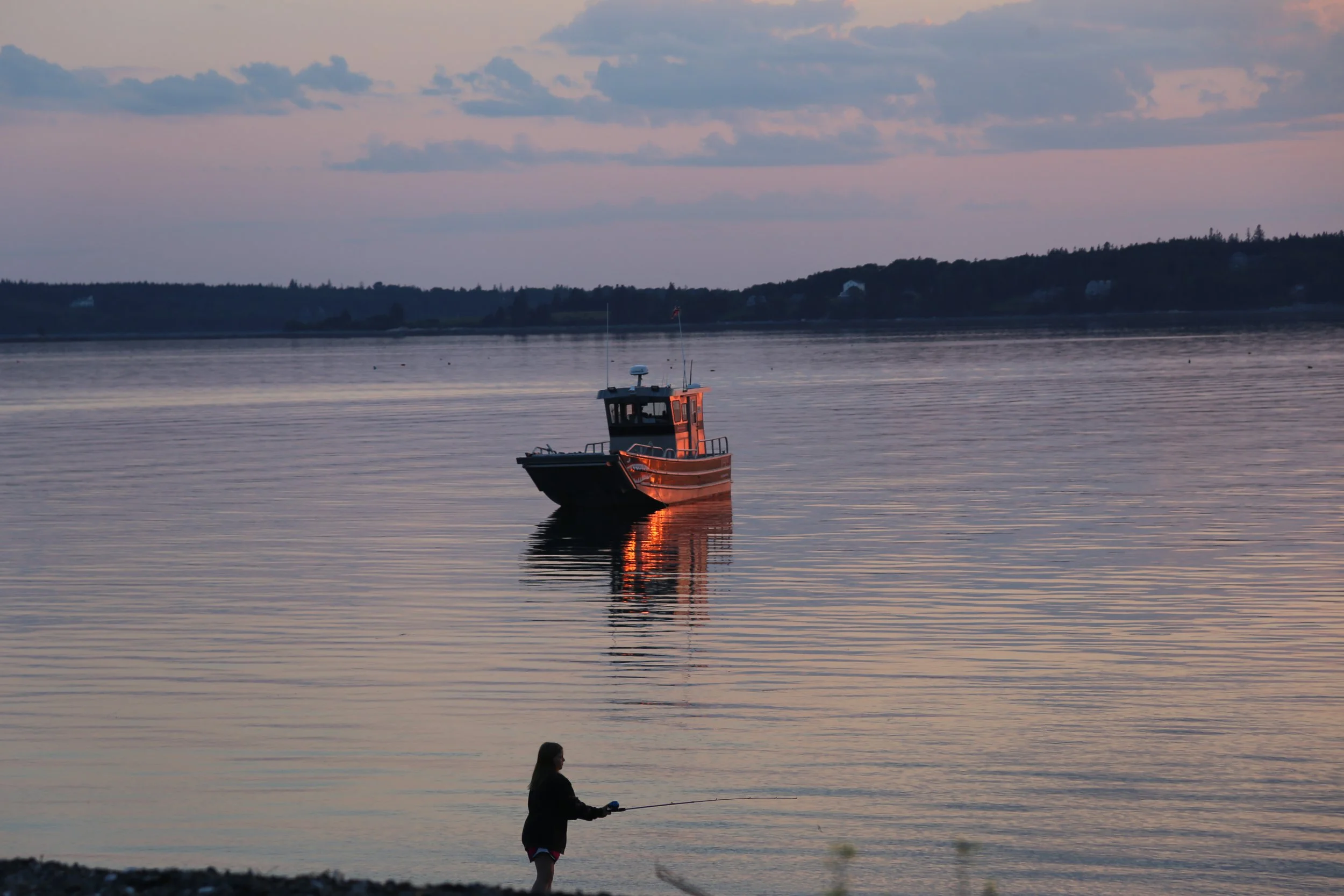 A person fishing near the shore at sunset with a boat in the water.