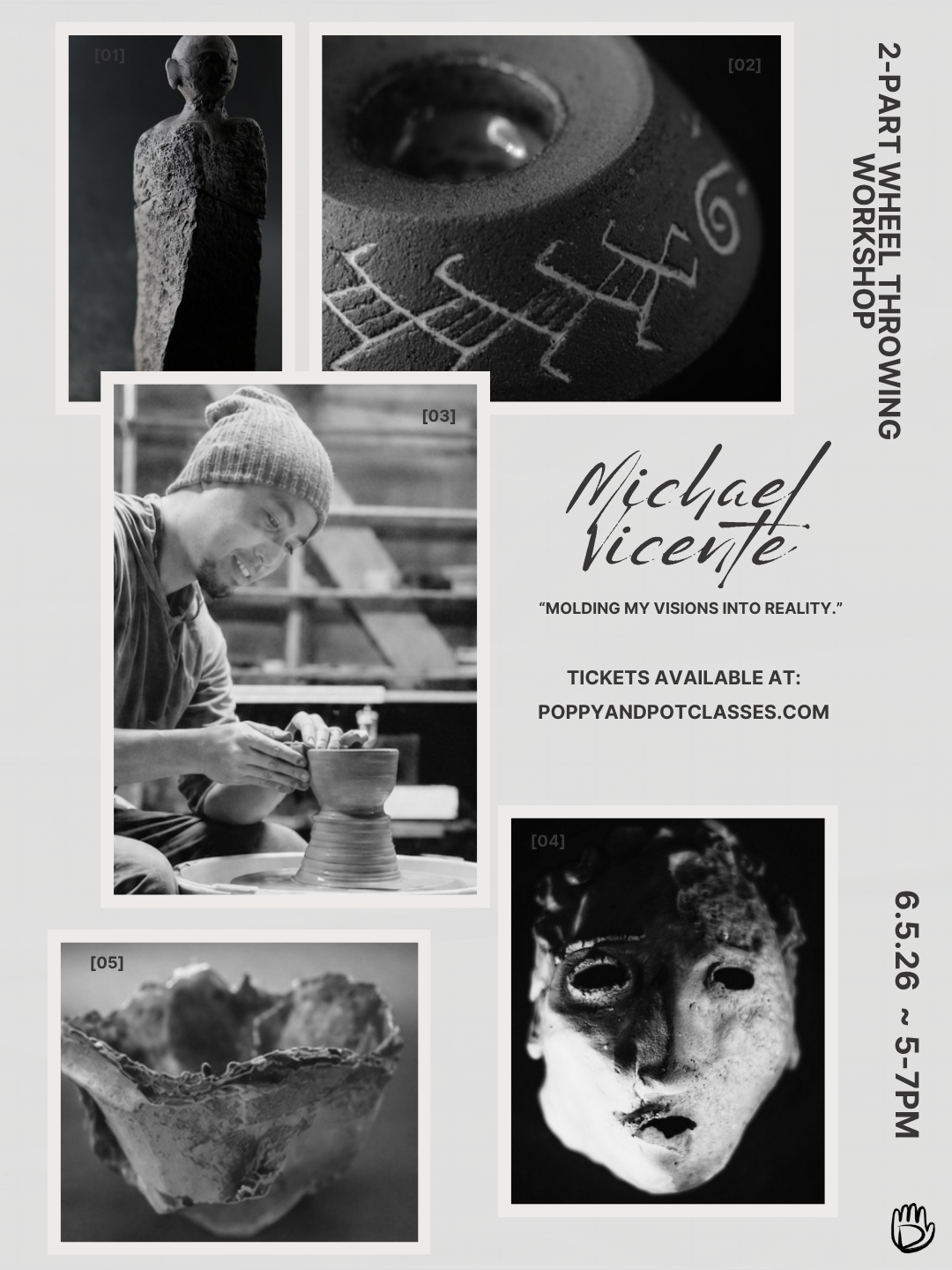 Flyer of a man throwing pottery on a potters wheel. Photos of his work and workshop information is also on the flyer.