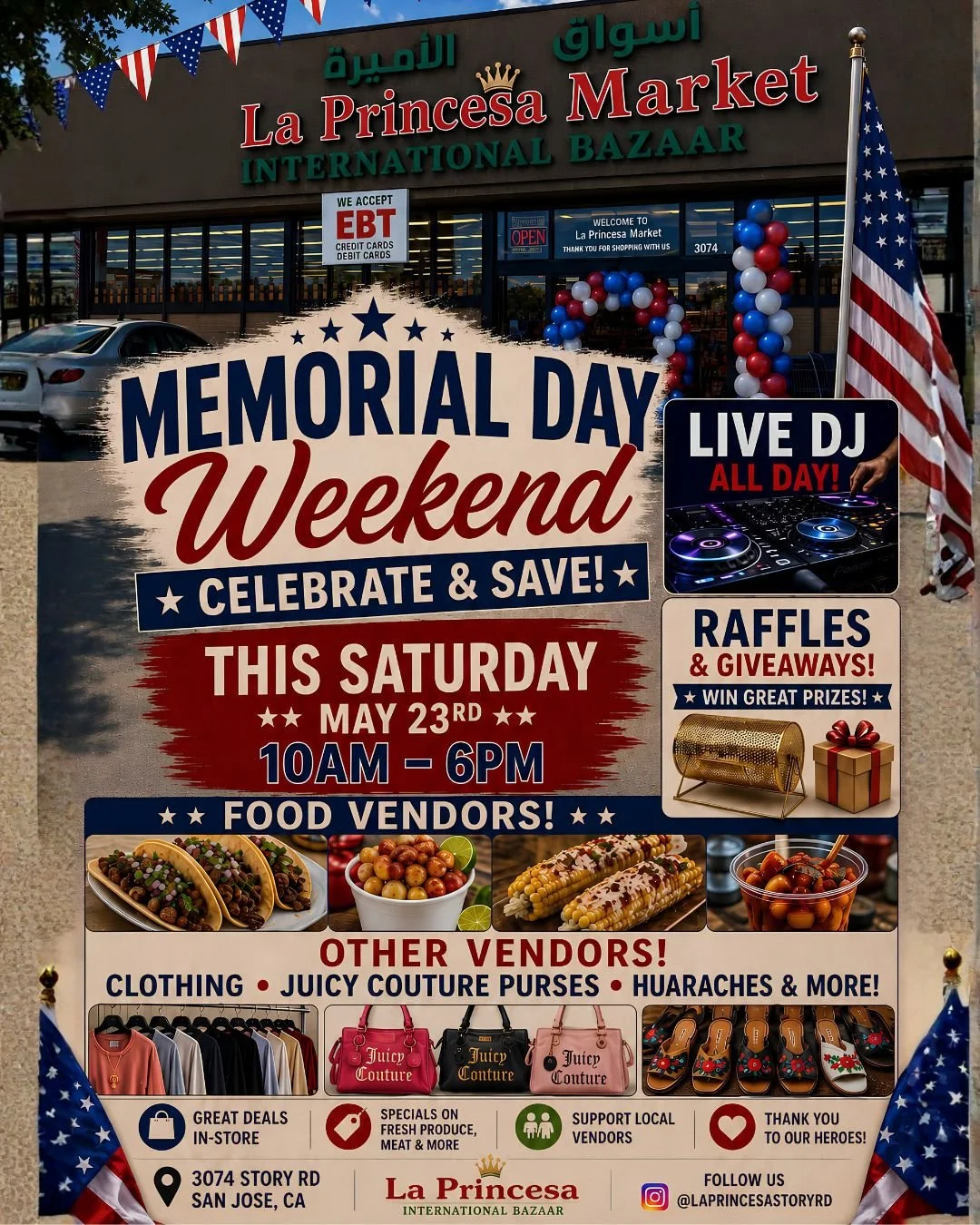 🇺🇸 Memorial Day Weekend Celebration is happening THIS SATURDAY at La Princesa Market! 🎉🔥

Join us for a full day of food, music, shopping, raffles &amp; community fun!
🎧 LIVE DJ all day
🎁 Raffles &amp; giveaways
🌮 Delicious food vendors
🛍️ Cl