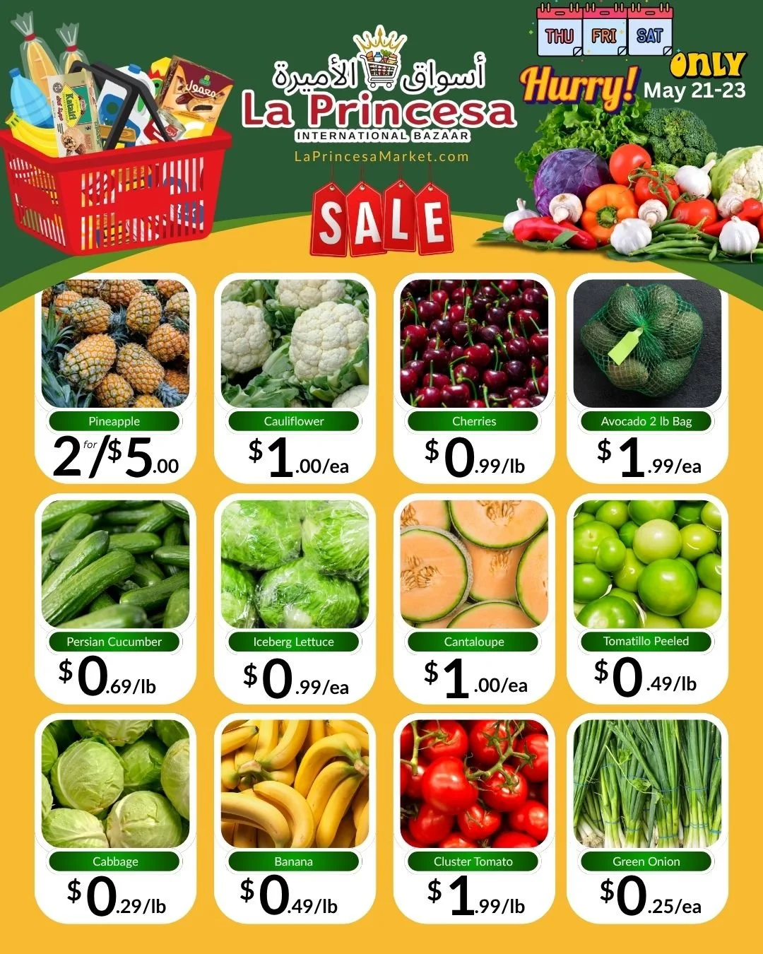 🥬🍍 PRODUCE SALE ALERT 🍒🥑
Stock up on your favorites and save BIG on fresh fruits &amp; veggies 🌽🥒🍅

⭐ Pineapple &mdash; 2 for $5
⭐ Cherries &mdash; $0.99/lb
⭐ Persian Cucumbers &mdash; $0.69/lb
⭐ Bananas &mdash; $0.49/lb
⭐ Cabbage &mdash; $0.2