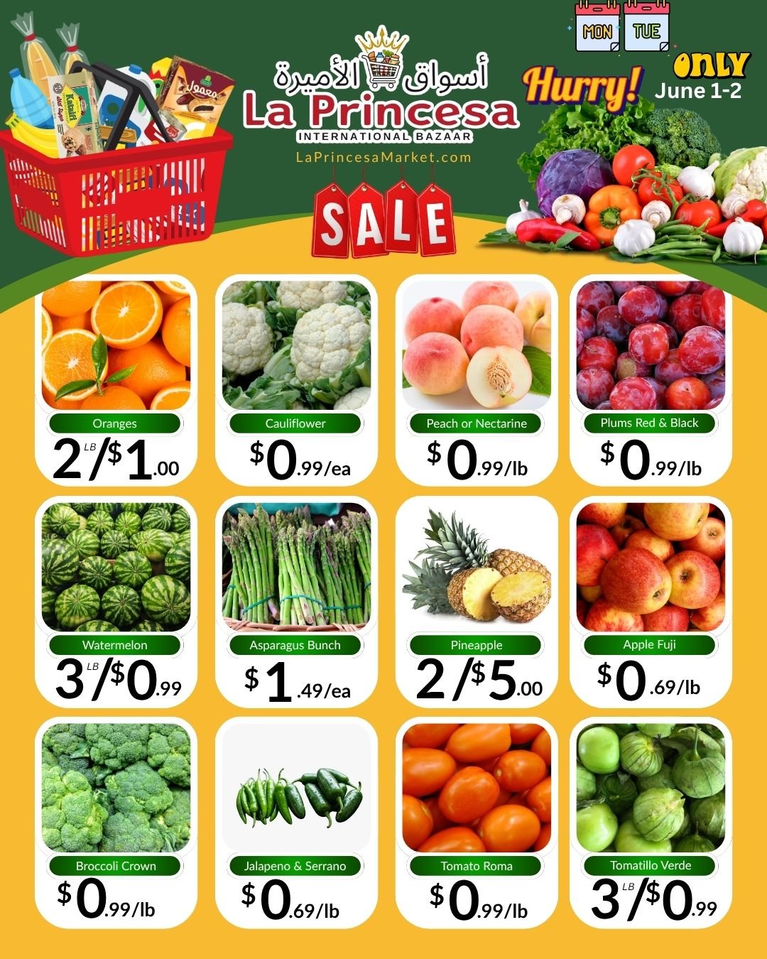 2 DAY PRODUCE SPECIALS 🍎🥦
Fresh produce at unbeatable prices &mdash; only for two days!

Serrano or Jalape&ntilde;o Peppers &mdash; $0.69/lb
Tomatillo Verde &mdash; 3 lbs / $0.99
Tomatoes &mdash; $0.99/lb
Broccoli Crowns &mdash; $0.99/lb
Cauliflowe