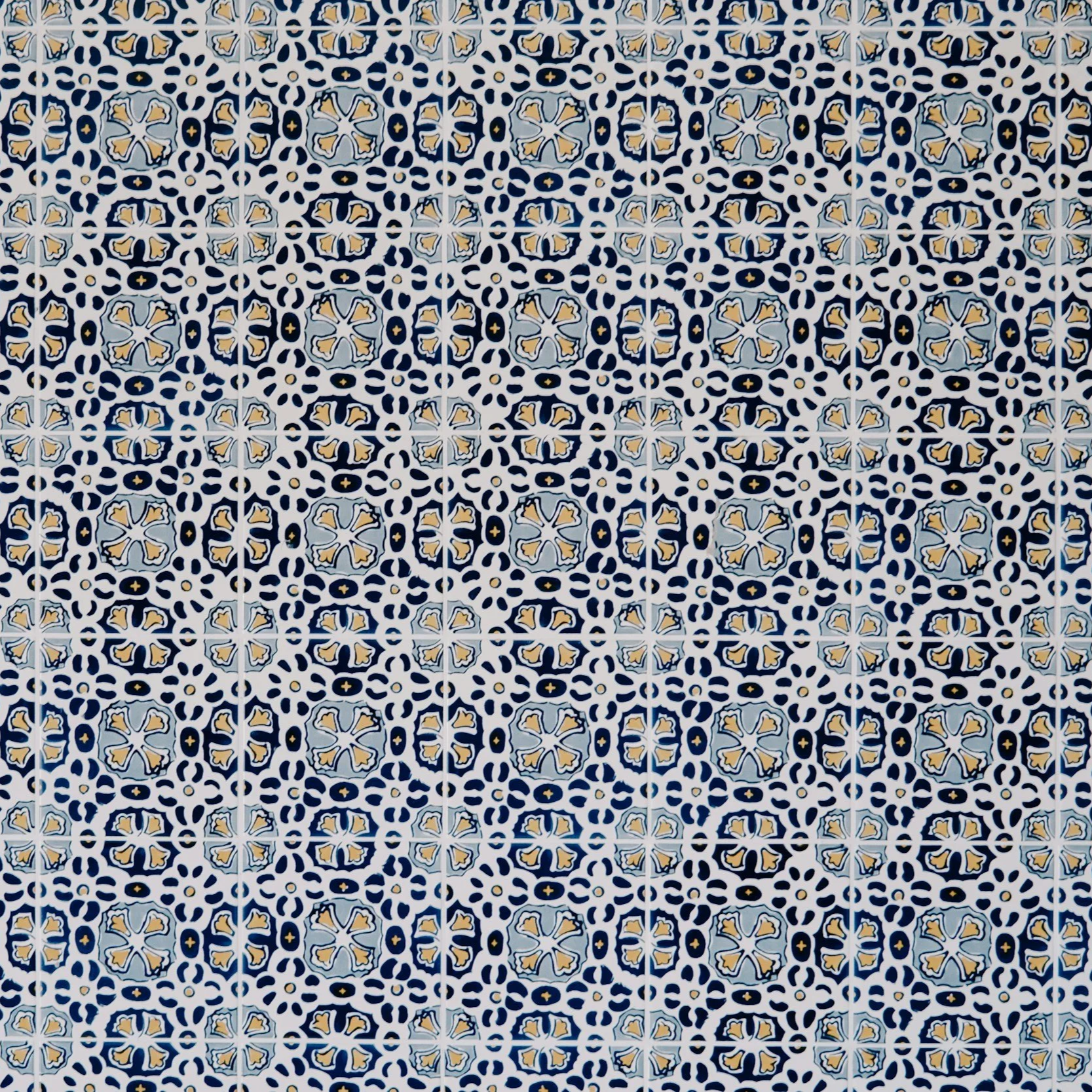 Patterned blue and white tile wall with intricate geometric and floral designs.