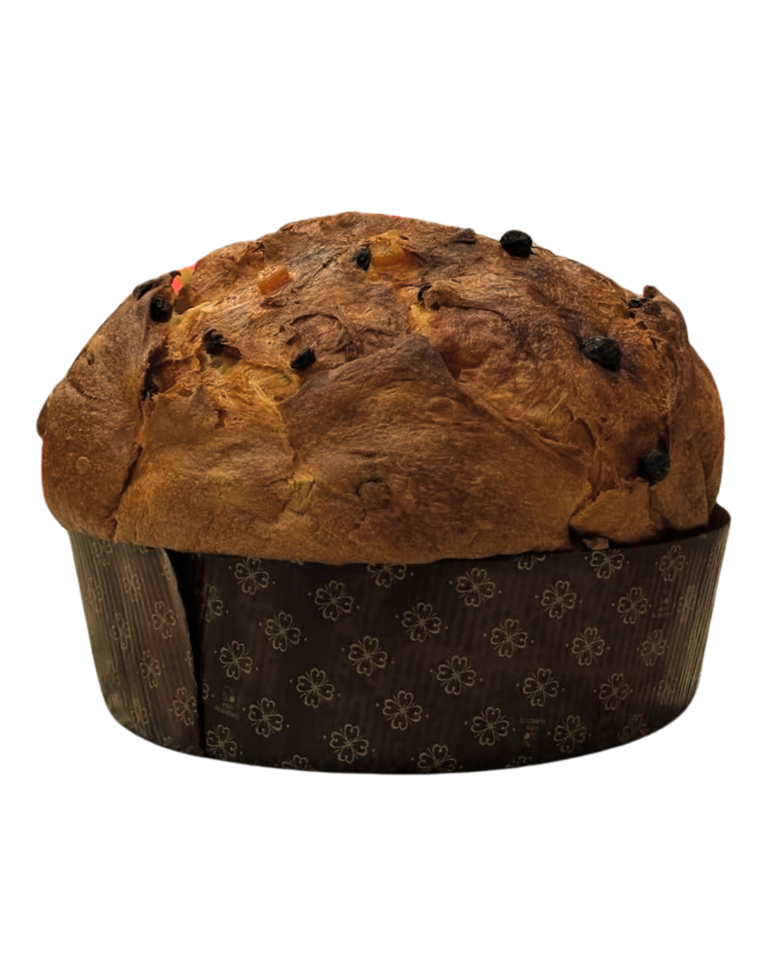 Panettone con uvetta e canditi in carta speciale.