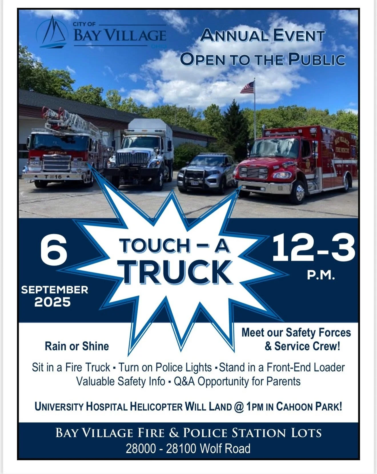 🚚🍦Bring the family out TODAY from 12&ndash;3 PM at the Bay Village Police Department for the annual Touch-A-Truck Celebration!

Kids can climb, honk, and explore fire trucks, police cars, and construction vehicles 🚓🚒🚜&mdash;while parents kick ba