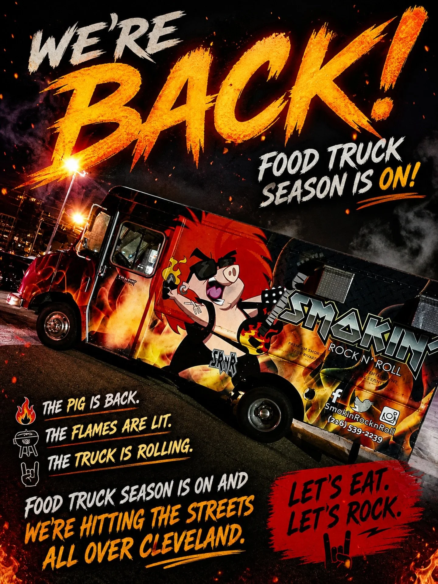 🔥🎸 WE&rsquo;RE BACK. 🎸🔥

Food truck season has officially kicked off and Smokin&rsquo; Rock &rsquo;n&rsquo; Roll is rolling back onto the streets of Cleveland. 🚚💨

The smoker&rsquo;s hot, the music&rsquo;s loud, and we&rsquo;re ready to bring t