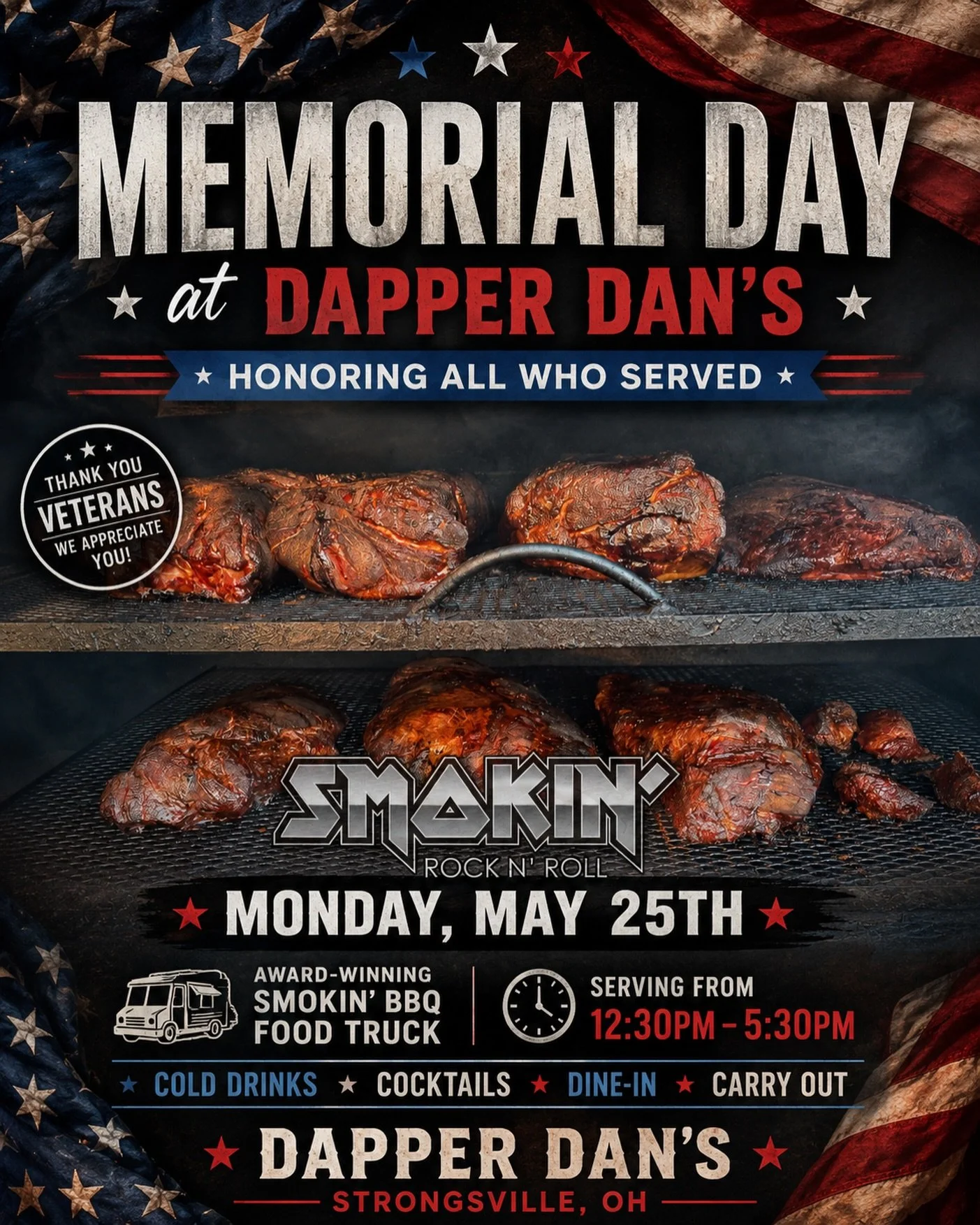 🇺🇸🔥 MEMORIAL DAY AT DAPPER DAN&rsquo;S 🔥🇺🇸

Join us Monday, May 25th as we fire up the smoker and honor all who served. ❤️🤍💙

🍖 Award-Winning Smokin&rsquo; Rock &rsquo;n&rsquo; Roll BBQ
🕧 Serving from 12:30 PM &ndash; 5:30 PM
📍 Dapper Dan&