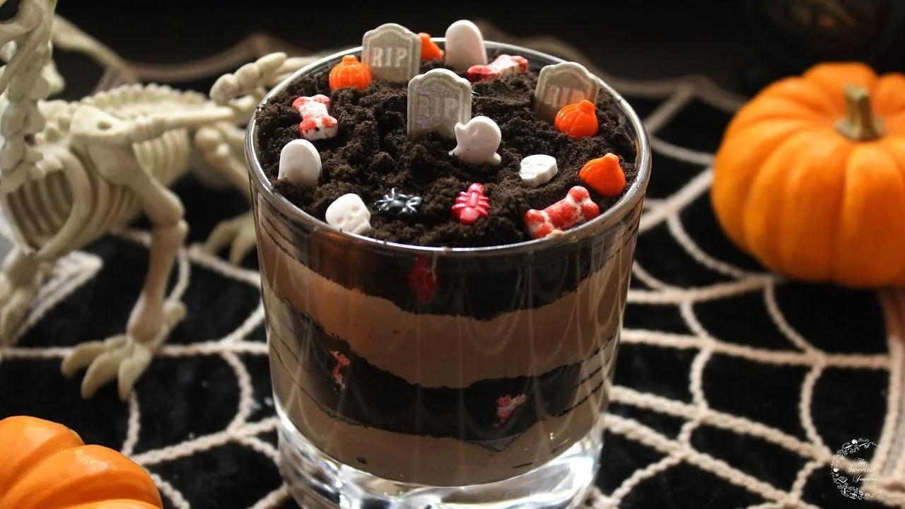       
  
        Chocolate Mousse Cemetery Recipe | Halloween Treats  How to make a decadent chocolate mousse layered with Oreo cookie crumbs and topped with a spooky mini cemetery.   Ingredients:    &frac14; Cup Heavy Whipping Cream  2 oz. Semi Swe