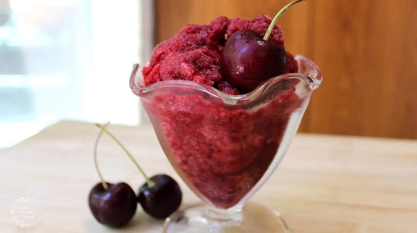       
  
        Sweet Cherry Sorbet Recipe   Ingredients:     3 Cups Cherries, Pitted (Fresh or Frozen and Thawed)   &frac34; Cup Sugar (144g)   1 Teaspoon Vanilla (5ml)   Pinch of Salt   1/3 Cup Sweet White Wine (80ml)     Directions:     Place al
