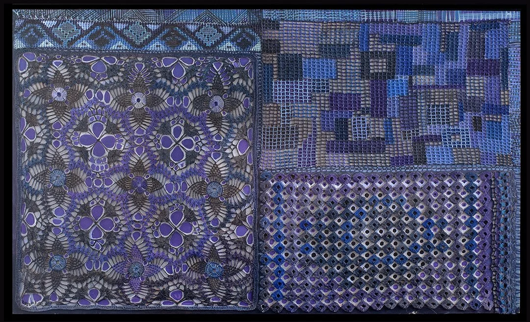 60 x 102, collage, acrilco sobre crochet y tabla, 2024