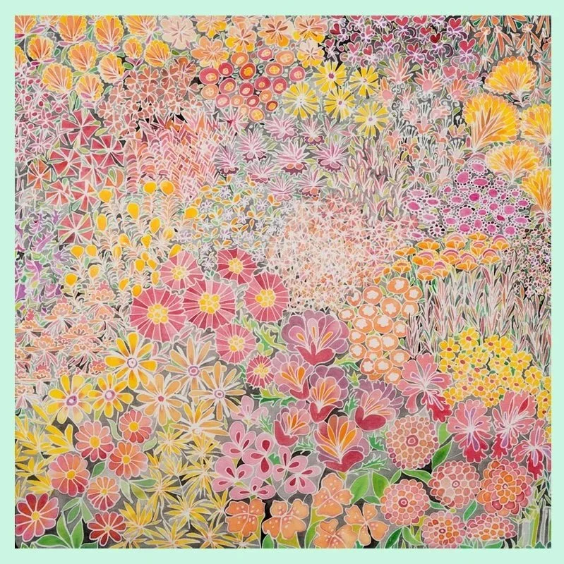 Jardin de flores 1.18 x 1.18 acuarela sobre seda 2014