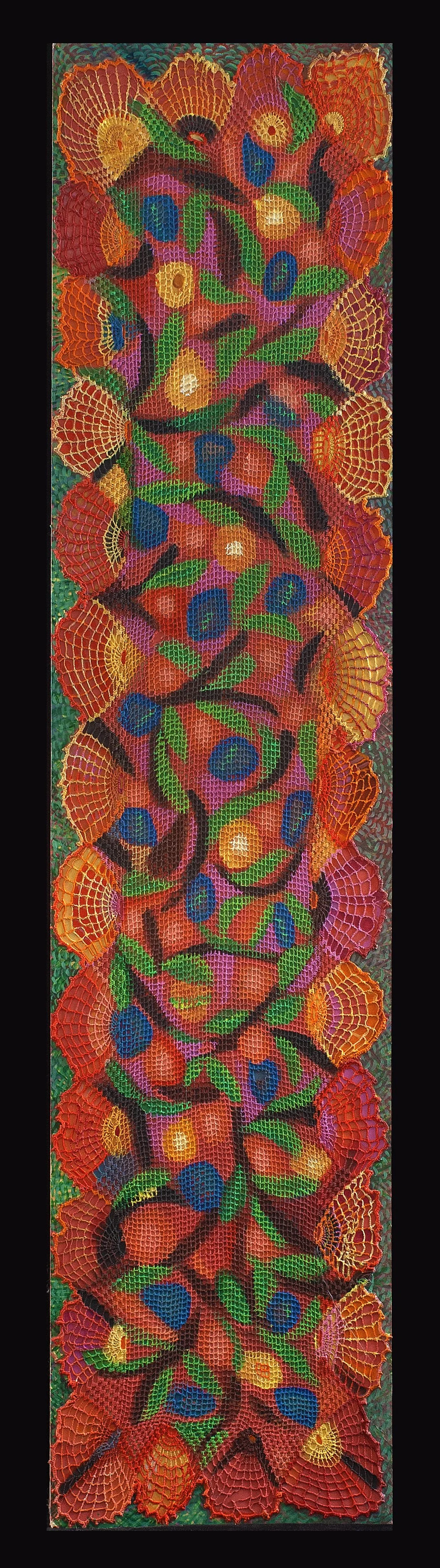 tapete de flores, 33 x 141, acrilco sobre crochet y tabla,  2024