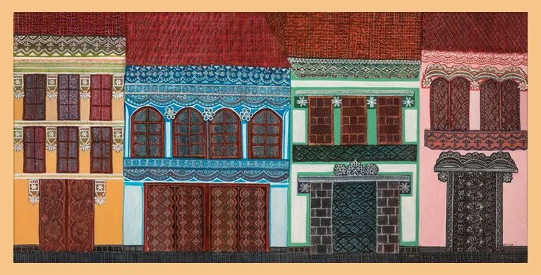 Puertas para demtro. collage, encajes pintado con acrilico sobre tabla, 0,62 x 1,02, 2004, colección particular