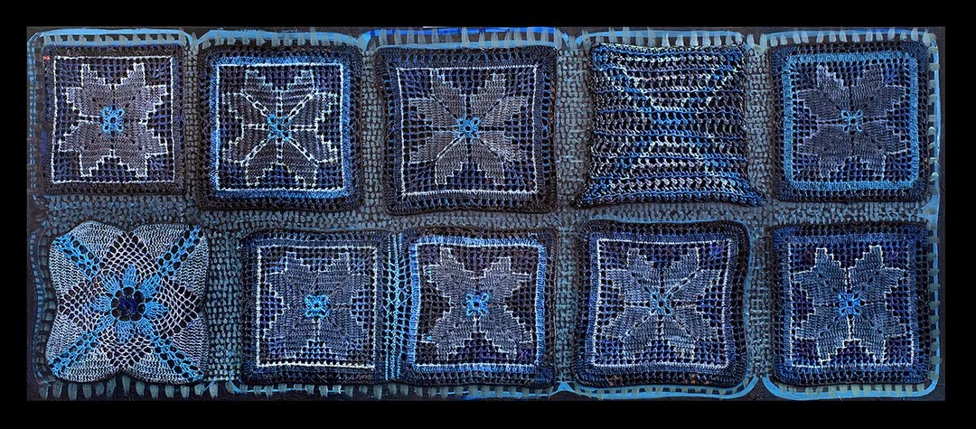 fractales, 43 x 102,  acrilco sobre crochet y tabla,  2024