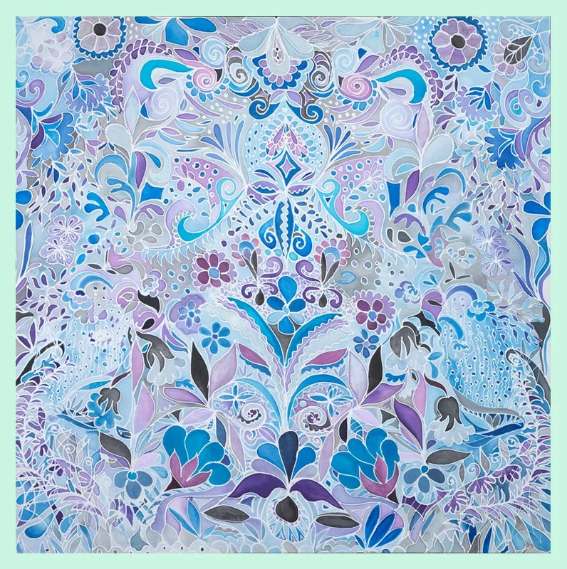 Sintesis en tonos frios 1.15 x 1.15, acuarela sobre seda, 2008 $2500