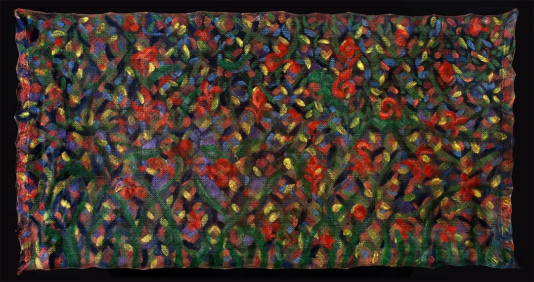 hojas caidas,  acrilico sobre tejido de crochet,   120 x 235, 2023. $ 8000