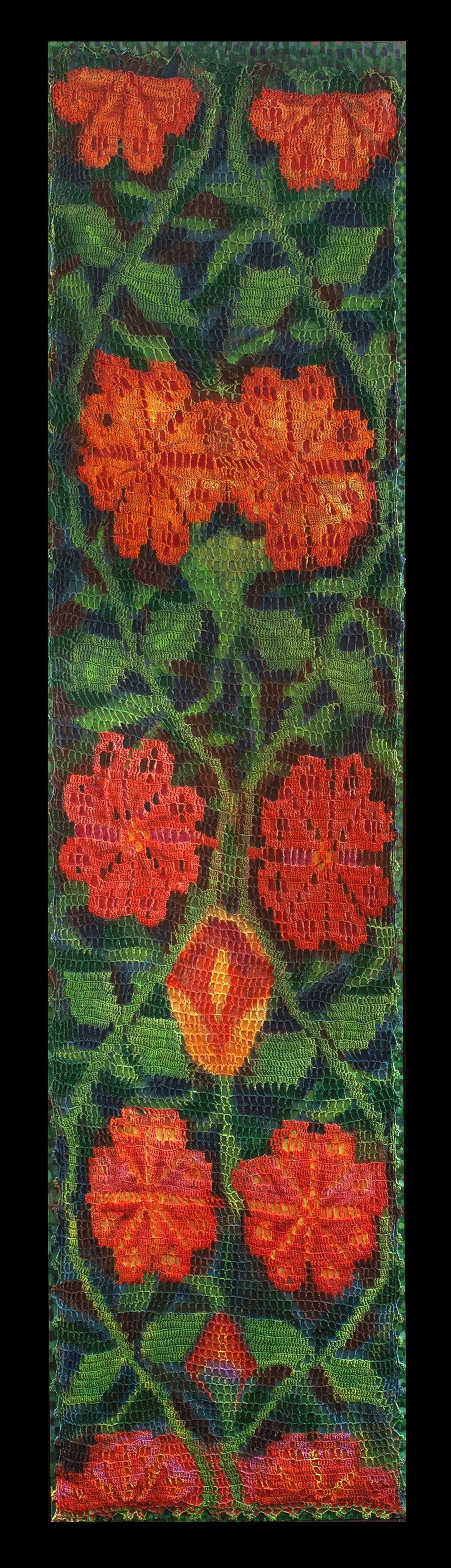 42 x 173,  collage, acrilco sobre crochet y tabla, enredadera,2024