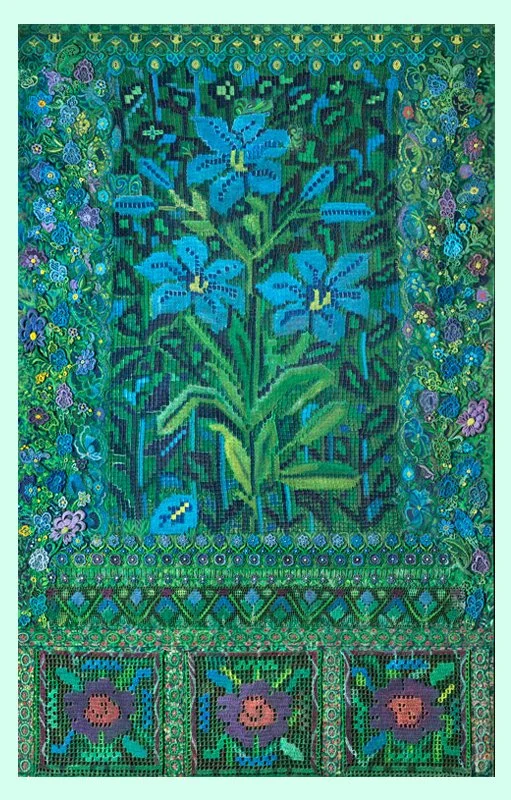 Flores azules 1.18 x 0.745 collage: encaje, pintura acrilica sobre tabla 2012 $ 3500