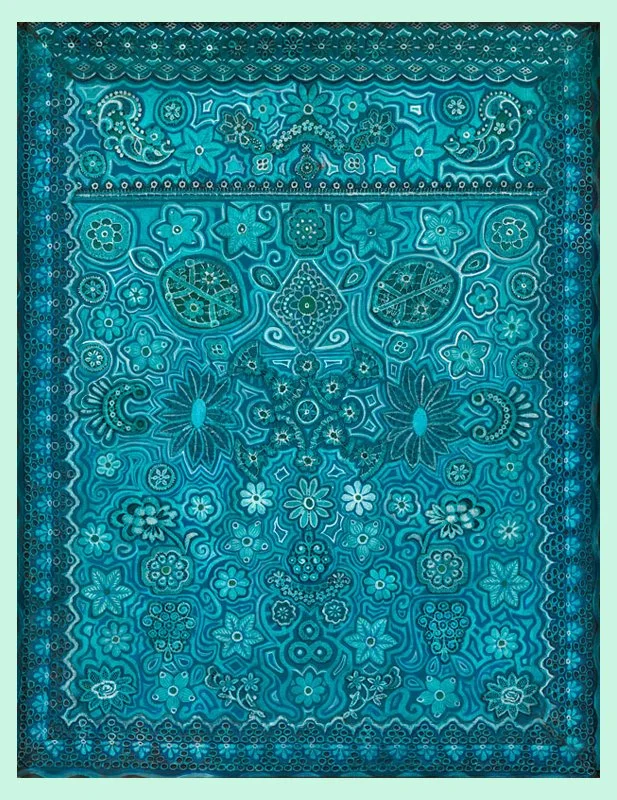 Turqueza 76 x 56 pintura de acrilico sobre encaje colado sobre madera 2014 $2200