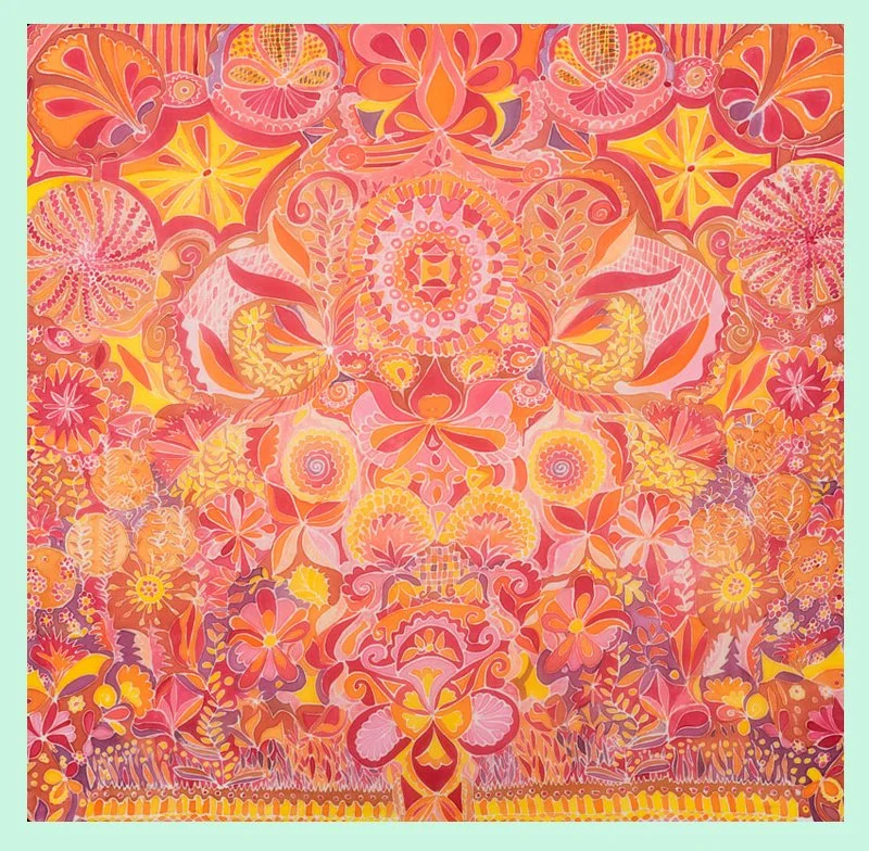Calidoscopio floral en colores calidos, 1.04 x 0.96, acuarela sobre chifon 2014