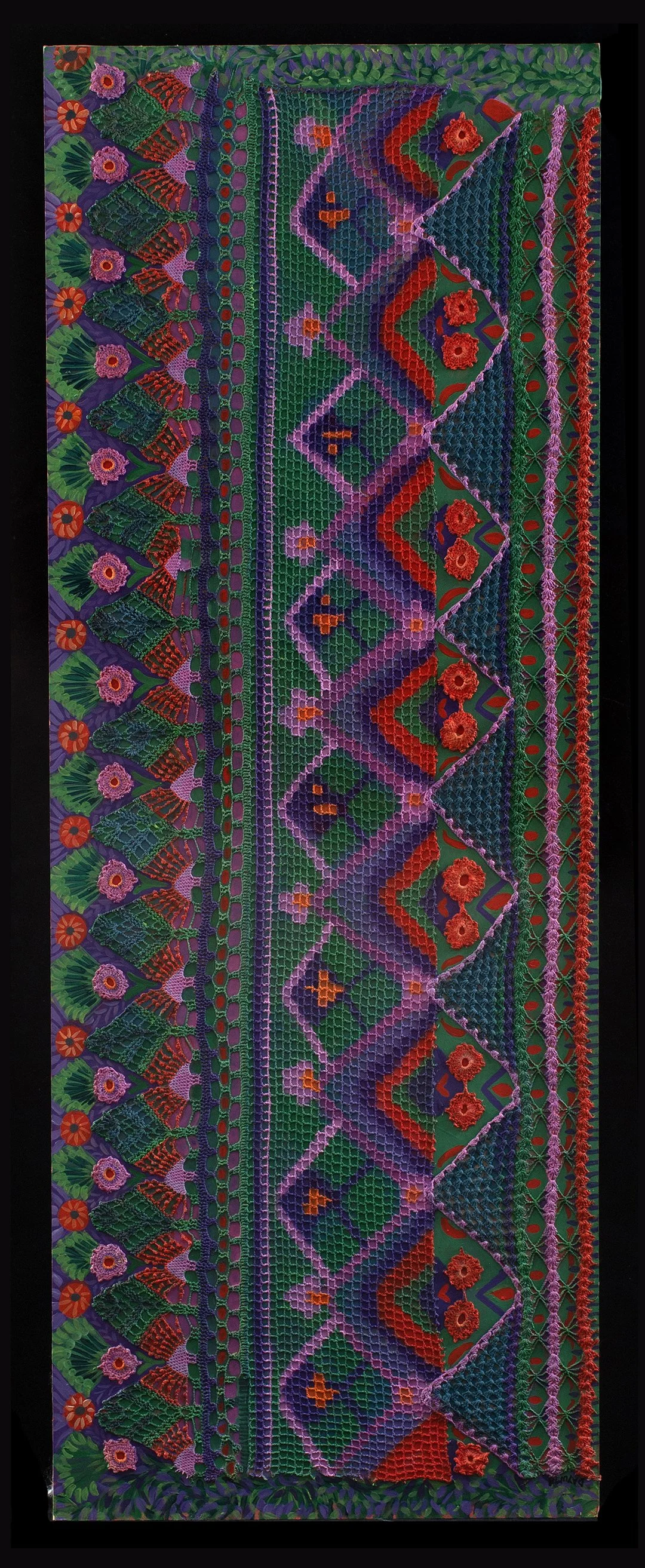 43 x 102,  acrilco sobre crochet y tabla, fractales 2024, colección particular