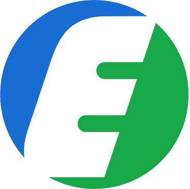 A stylized logo with a blue arc on the left, a green arc on the right, and a black letter 'E' in the center.
