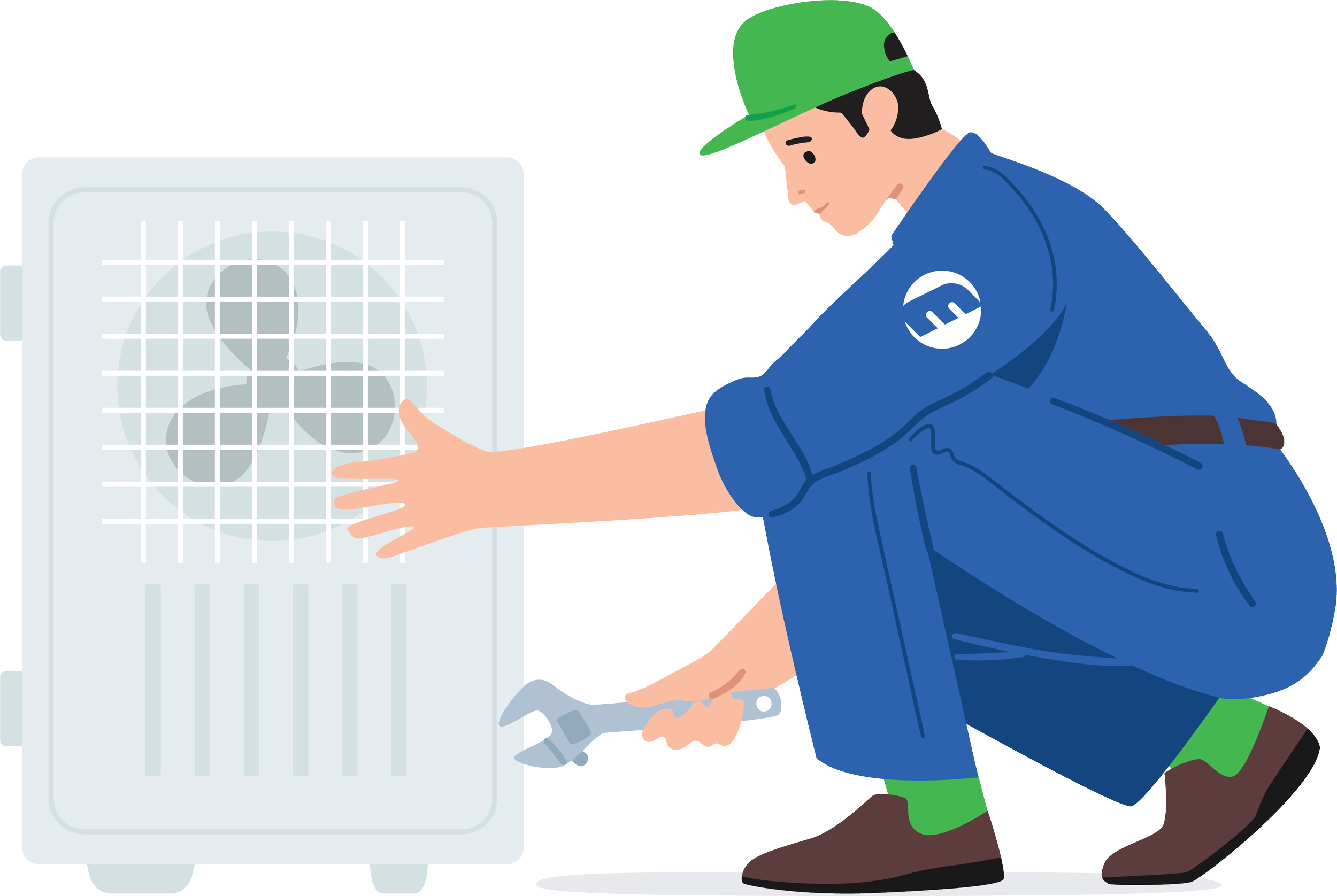 Person kneeling and fixing an air conditioning unit with a wrench.