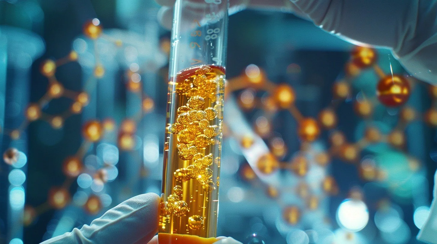 A test tube full of gold fluid representing PRF Gel
