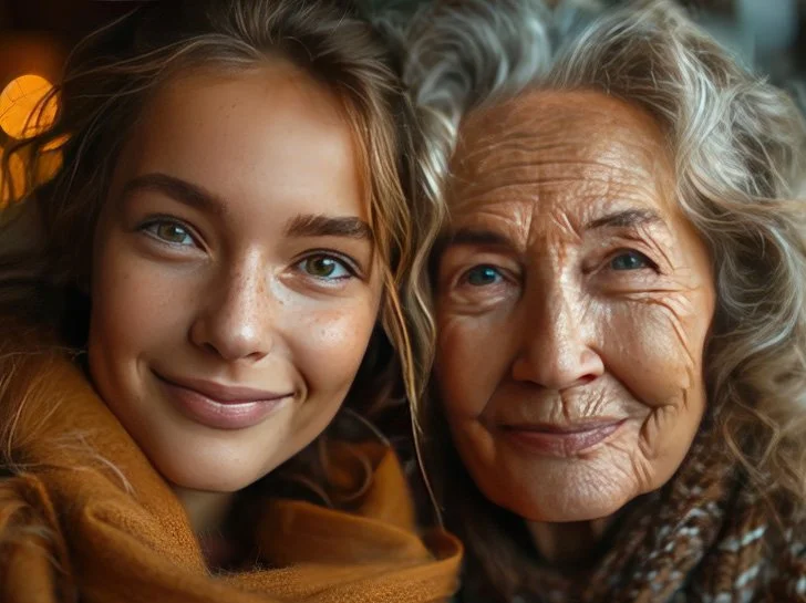A young beautiful woman and her grandmother illustrating facial changes with aging