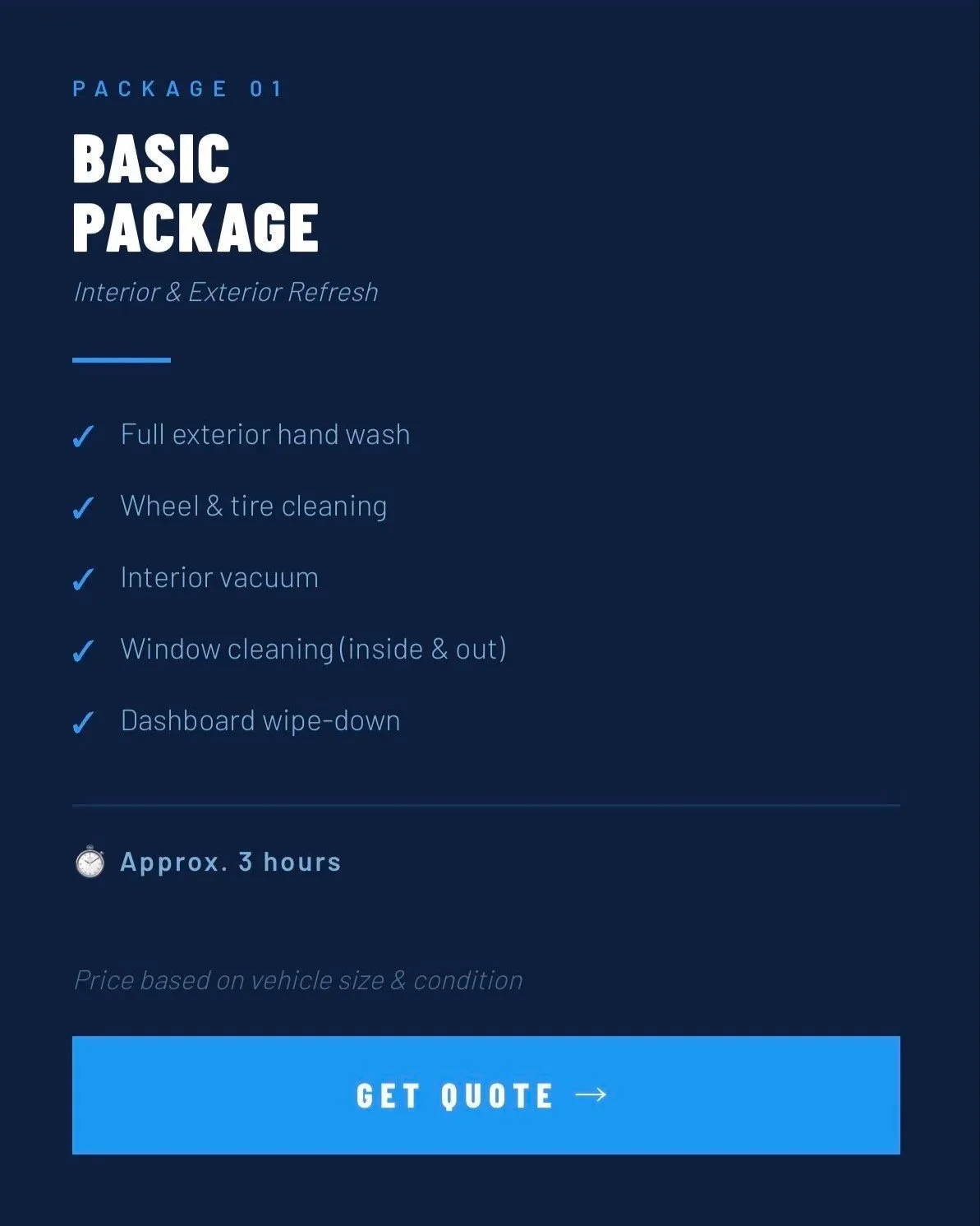 A blue digital service package overview with white text listing cleaning services and an estimated three-hour duration, featuring a 'Get Quote' button.