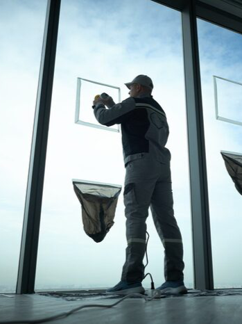 A worker cleaning large glass windows in an airport or office building using a squeegee, with a view of the cloudy sky outside.
