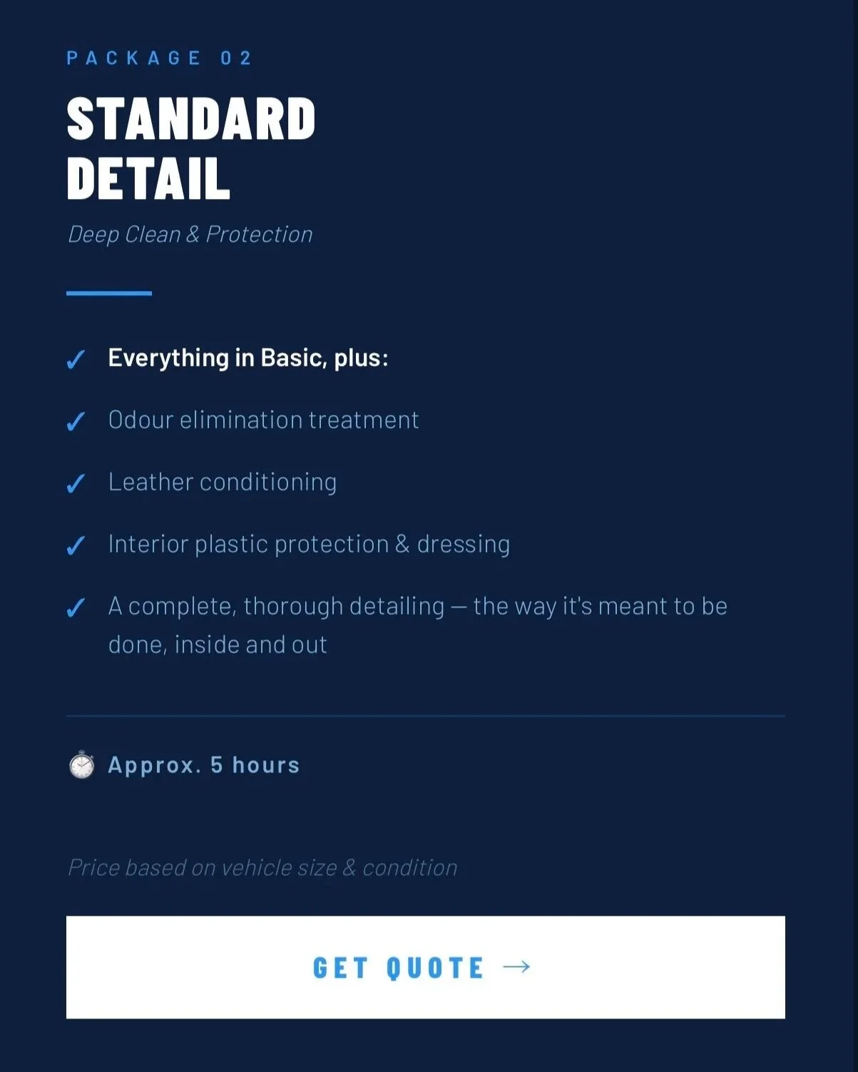 A promotional flyer highlighting a 'Standard Detail' package for vehicle cleaning and protection, including odor elimination, leather conditioning, interior plastic protection, and thorough detailing, estimated to take approximately 5 hours.