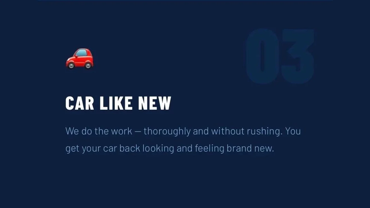 An advertisement with a small red car emoji, bold text that says 'CAR LIKE NEW,' and a description indicating professional car cleaning and detailing service, all on a dark blue background.