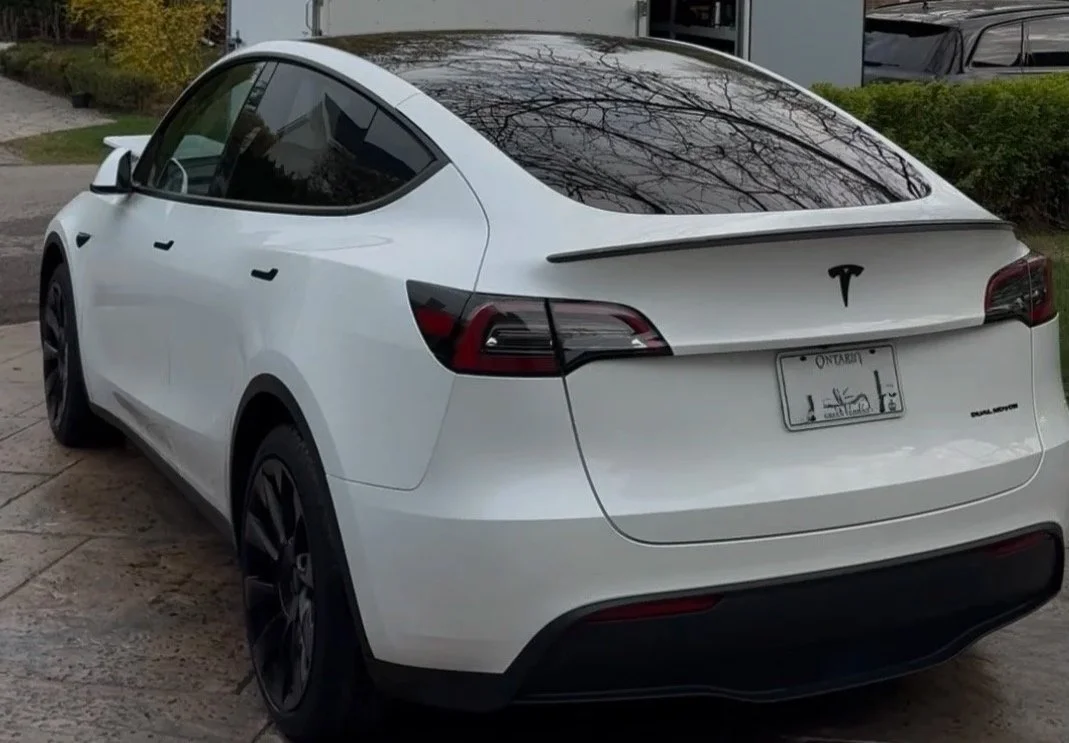 White Tesla Model 3 parked outside on a concrete driveway with trees and bushes in the background.