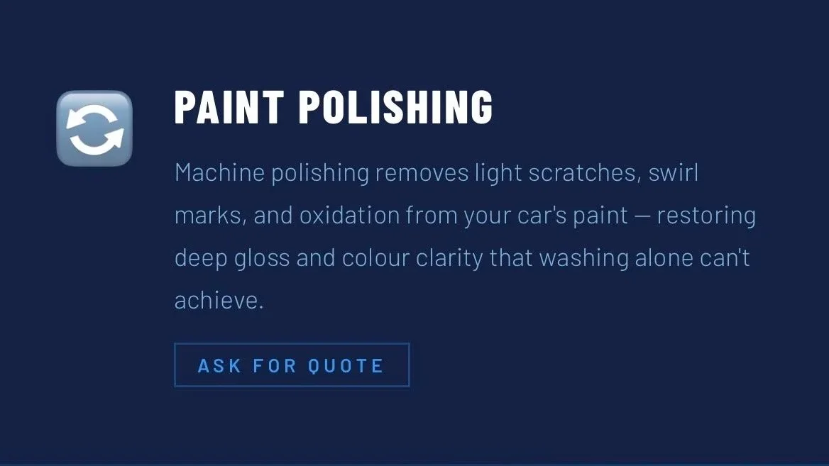 Information about paint polishing services, explaining that machine polishing removes scratches, swirl marks, and oxidation from a car's paint to restore gloss and clarity, with a button to ask for a quote.