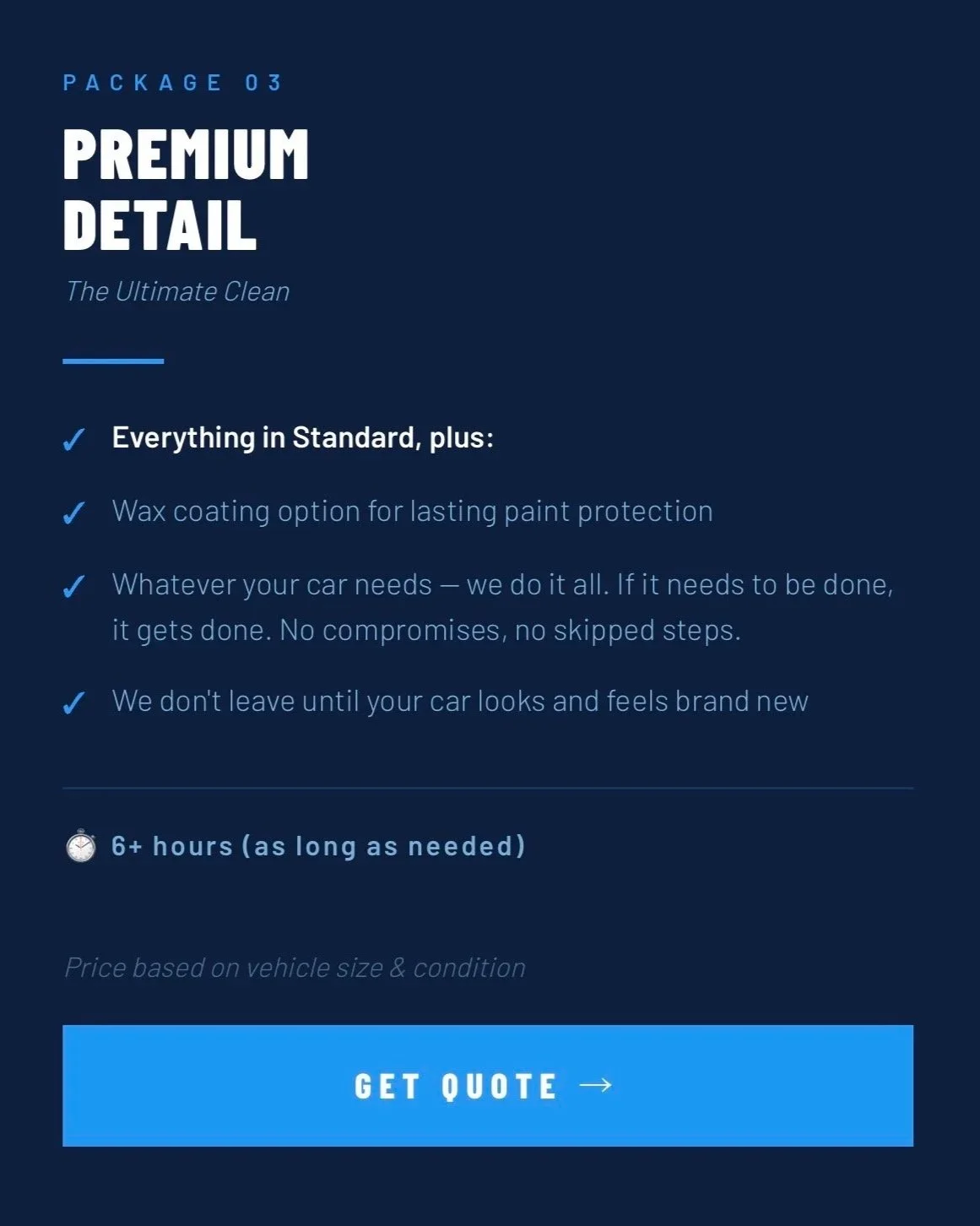 Promotional graphic for a premium car detailing package, featuring a dark blue background with white and light blue text listing details and benefits, and a blue 'Get Quote' button.