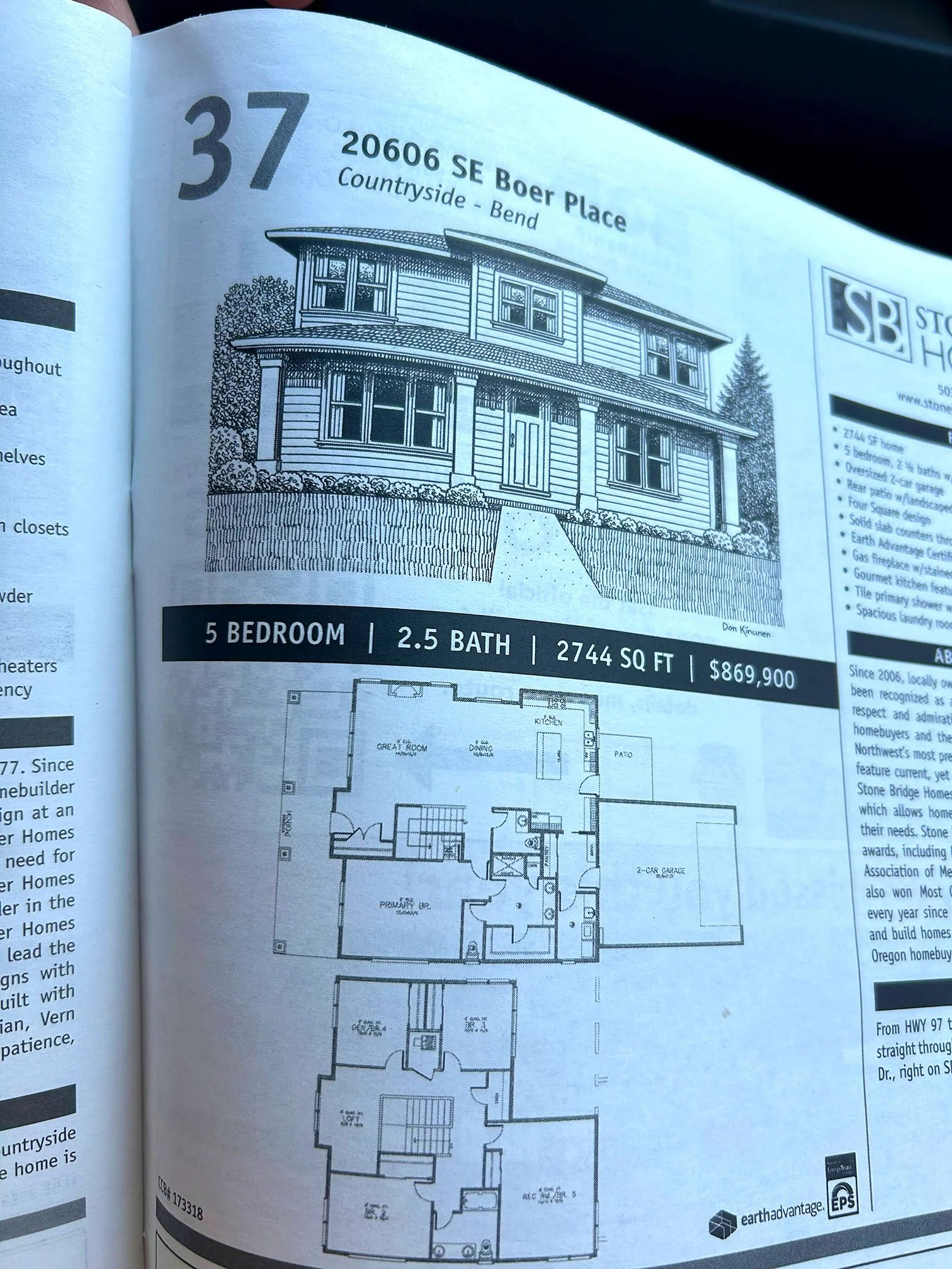 Black and white illustration of a house with multiple floors, surrounded by landscaping, with a sidewalk leading to the front door. The floor plan of the house is shown below the illustration, including details of rooms and layout.