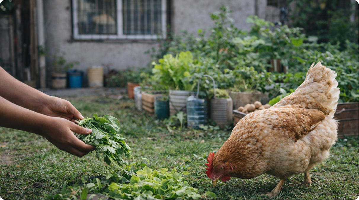 Person feeding chicken
