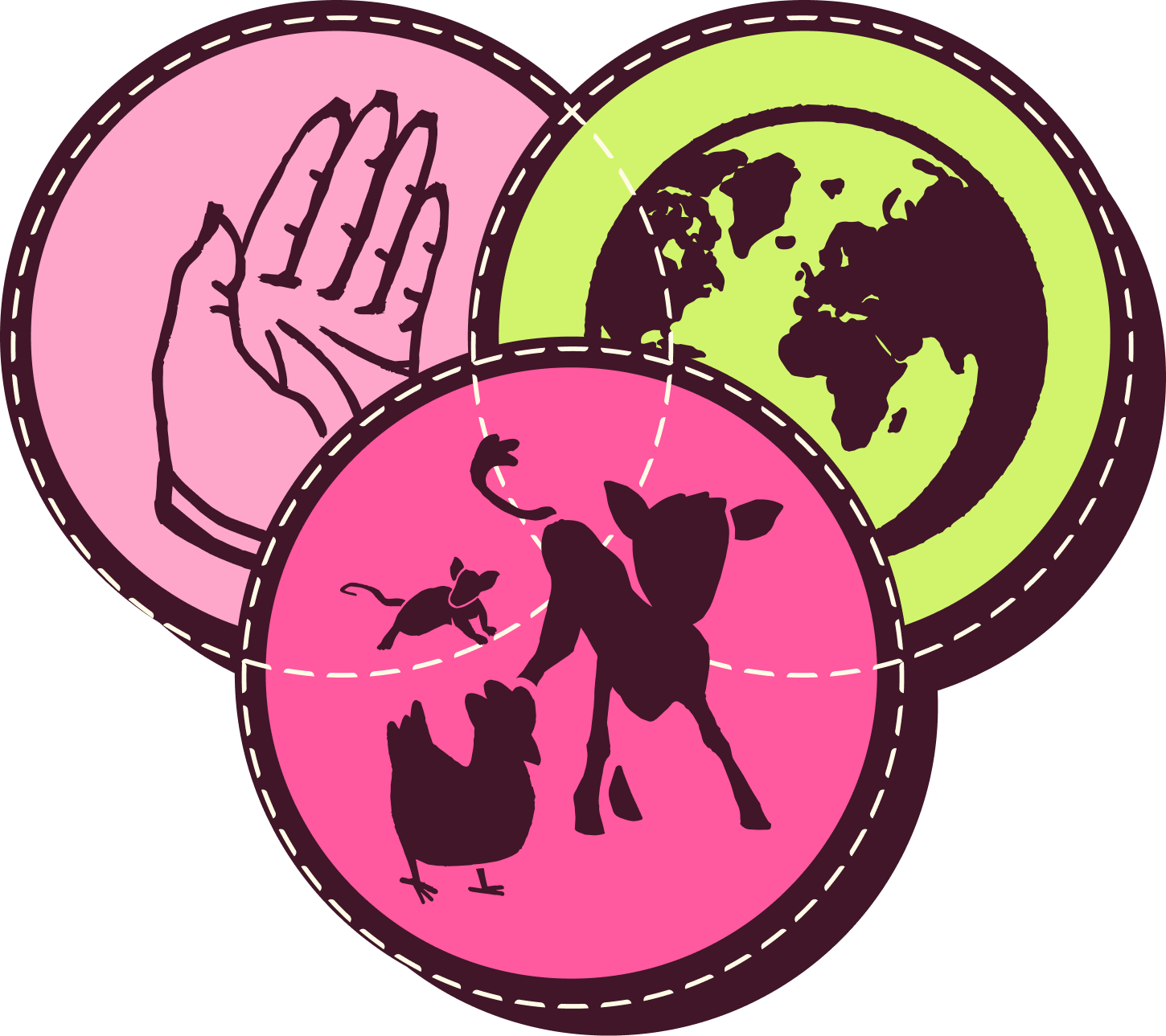 Illustration of three circles intersecting with a hand, animals, and earth