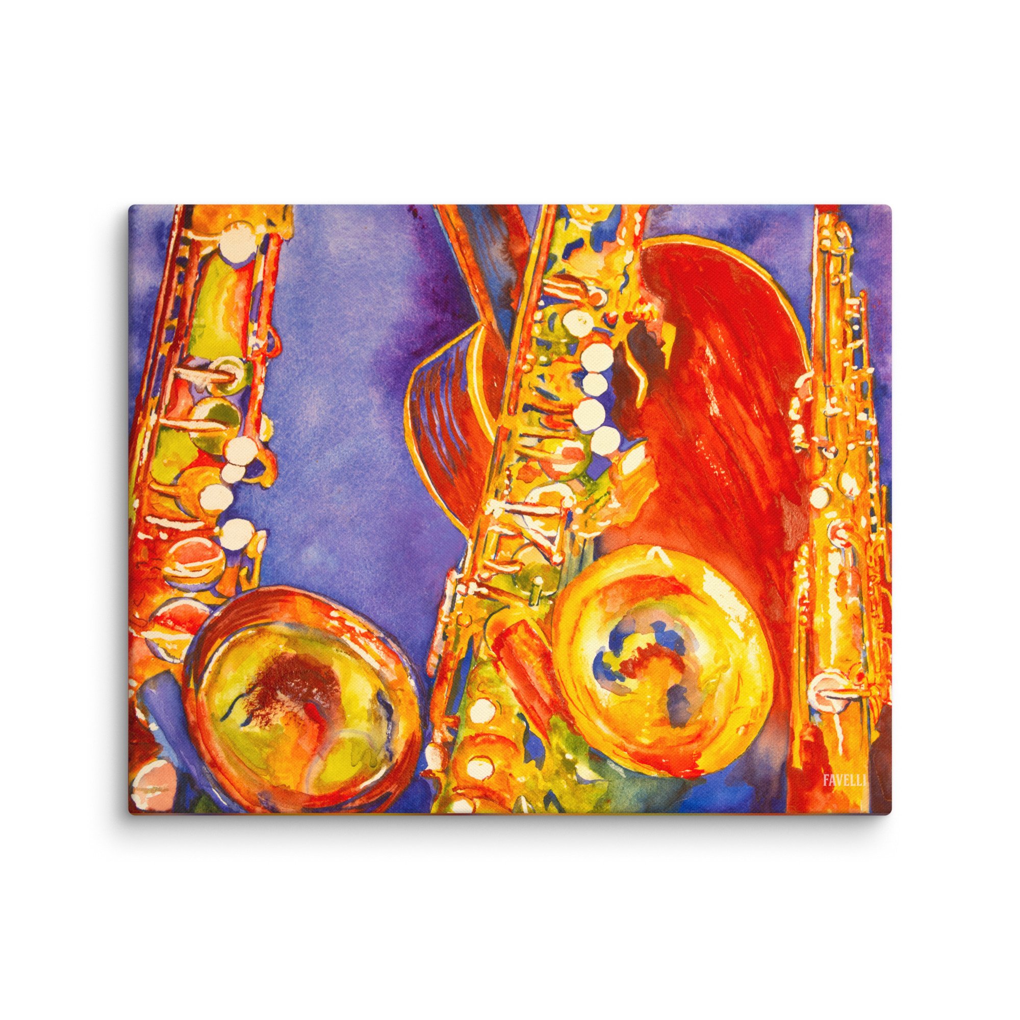 Colorful watercolor painting of two saxophones, a flute and a guitar in vibrant colors