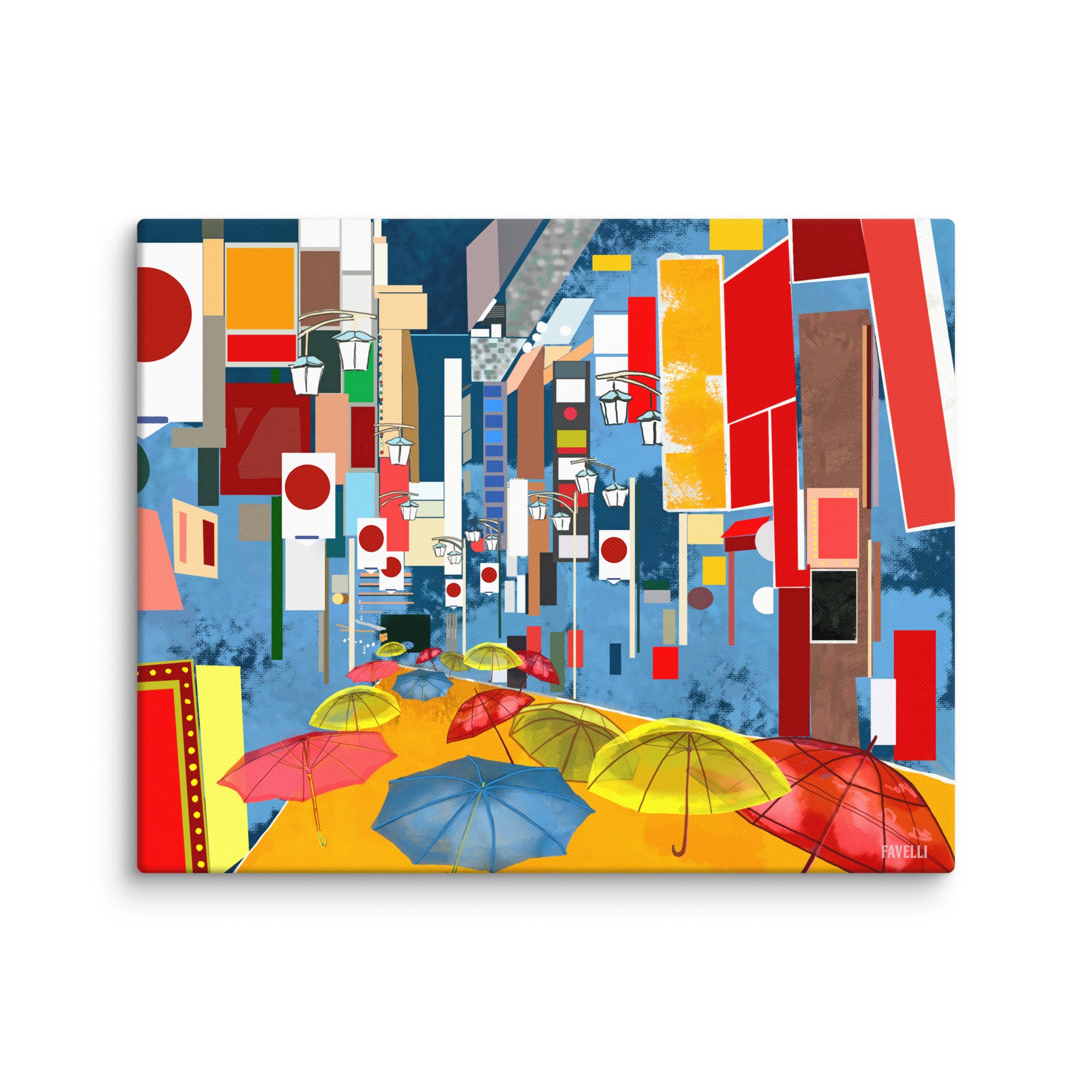 Modern, colorful abstract illustration of a Tokyo street on a rainy day