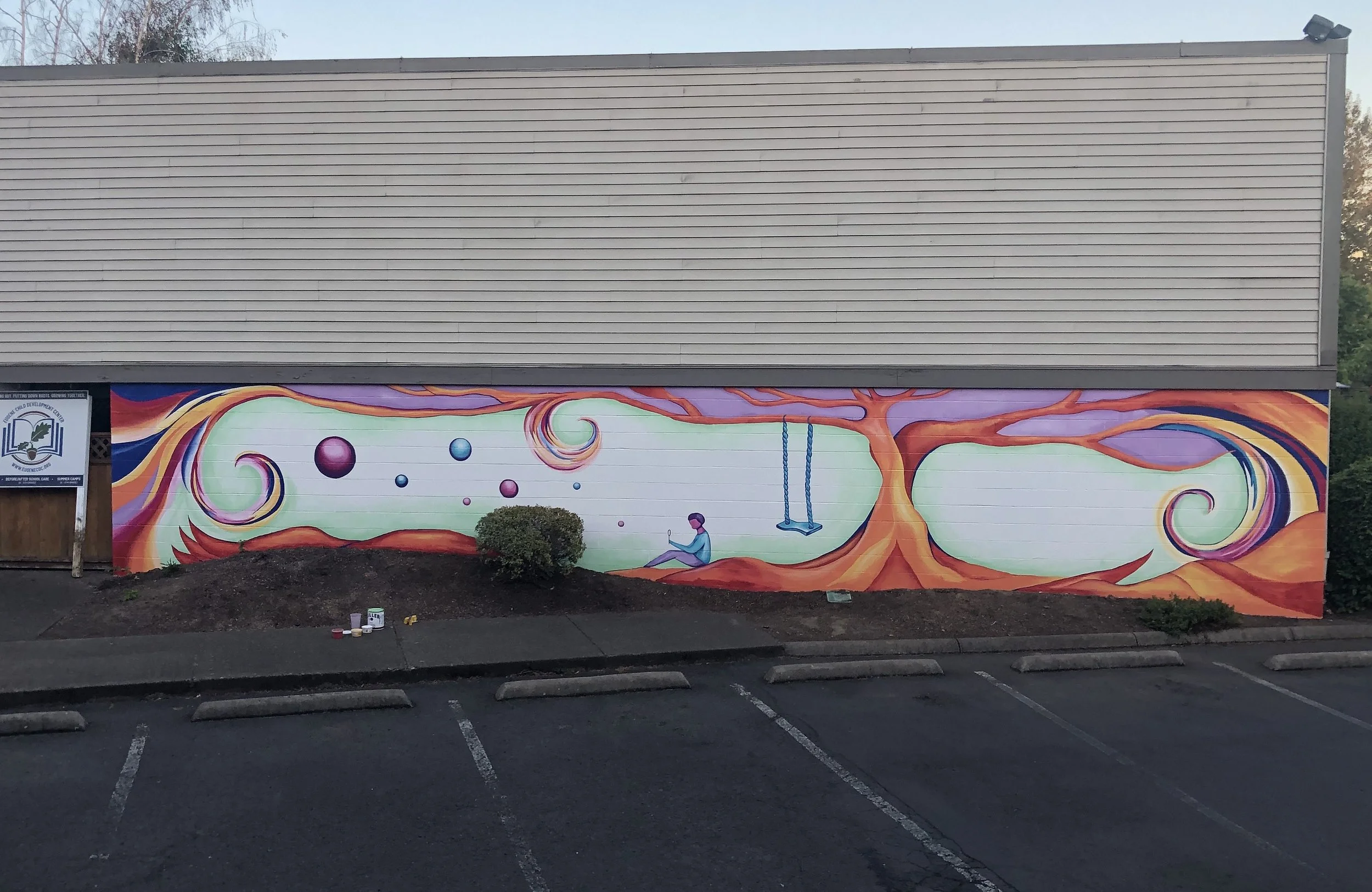 Nature-inspired tree mural for preschool environment, Child Development Center South Wall, Eugene Oregon, 2020, by Brynn Gerl