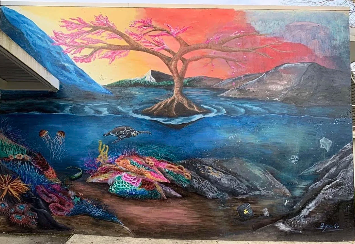 Climate crisis awareness mural at South Eugene High School, Eugene Oregon, 2020, by Brynn Gerl