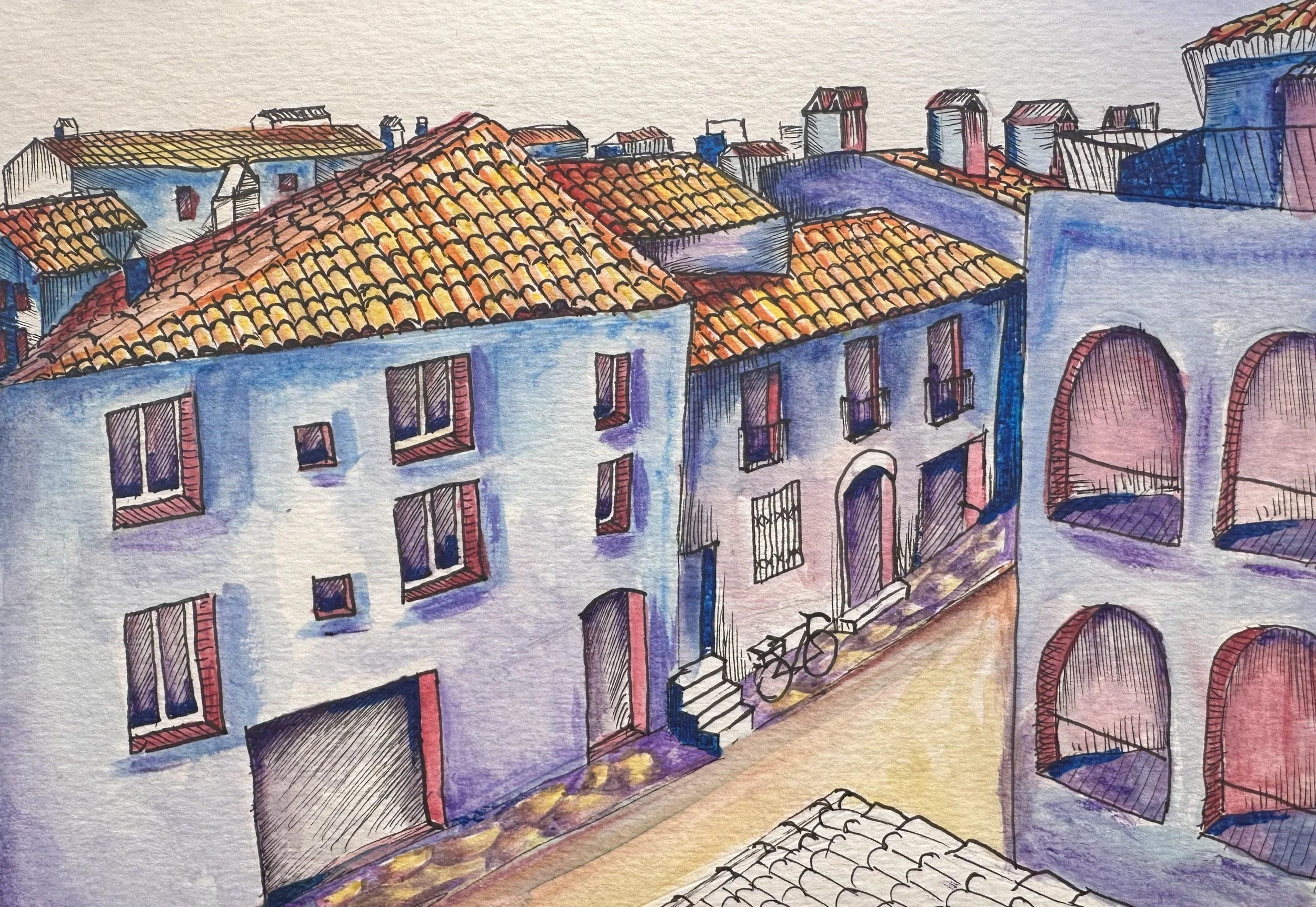 Cadaqués Streets, 2021, watercolor on paper by Brynn Gerl. Street scene from Cadaqués, Spain.