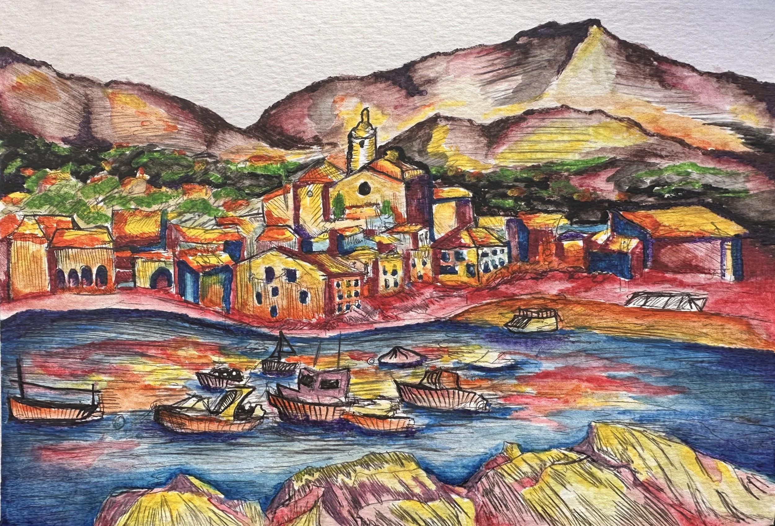 Cadaqués, 2022, Watercolor on Panel 