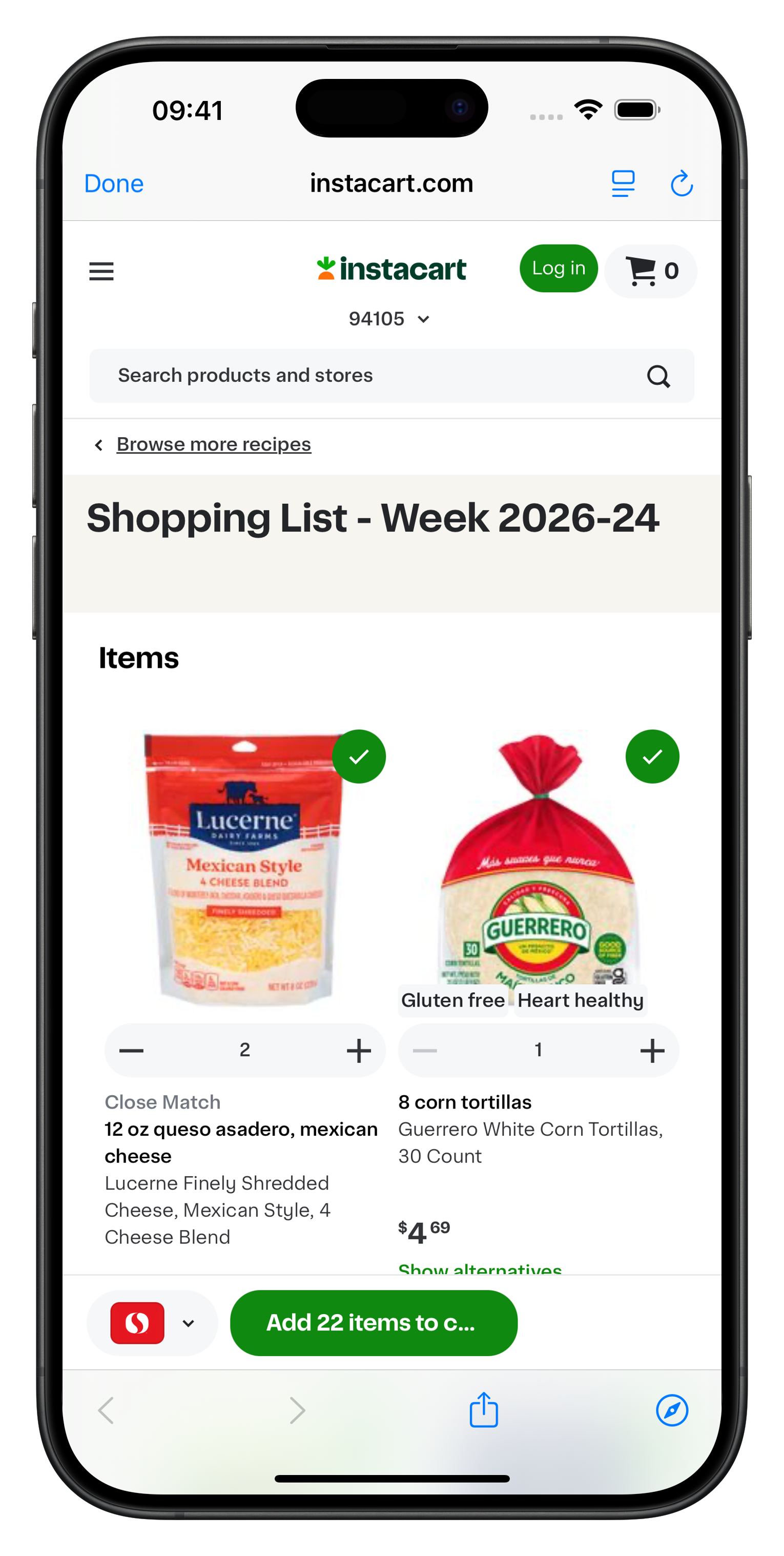 Sundæ pre-filled Instacart cart from a weekly meal plan