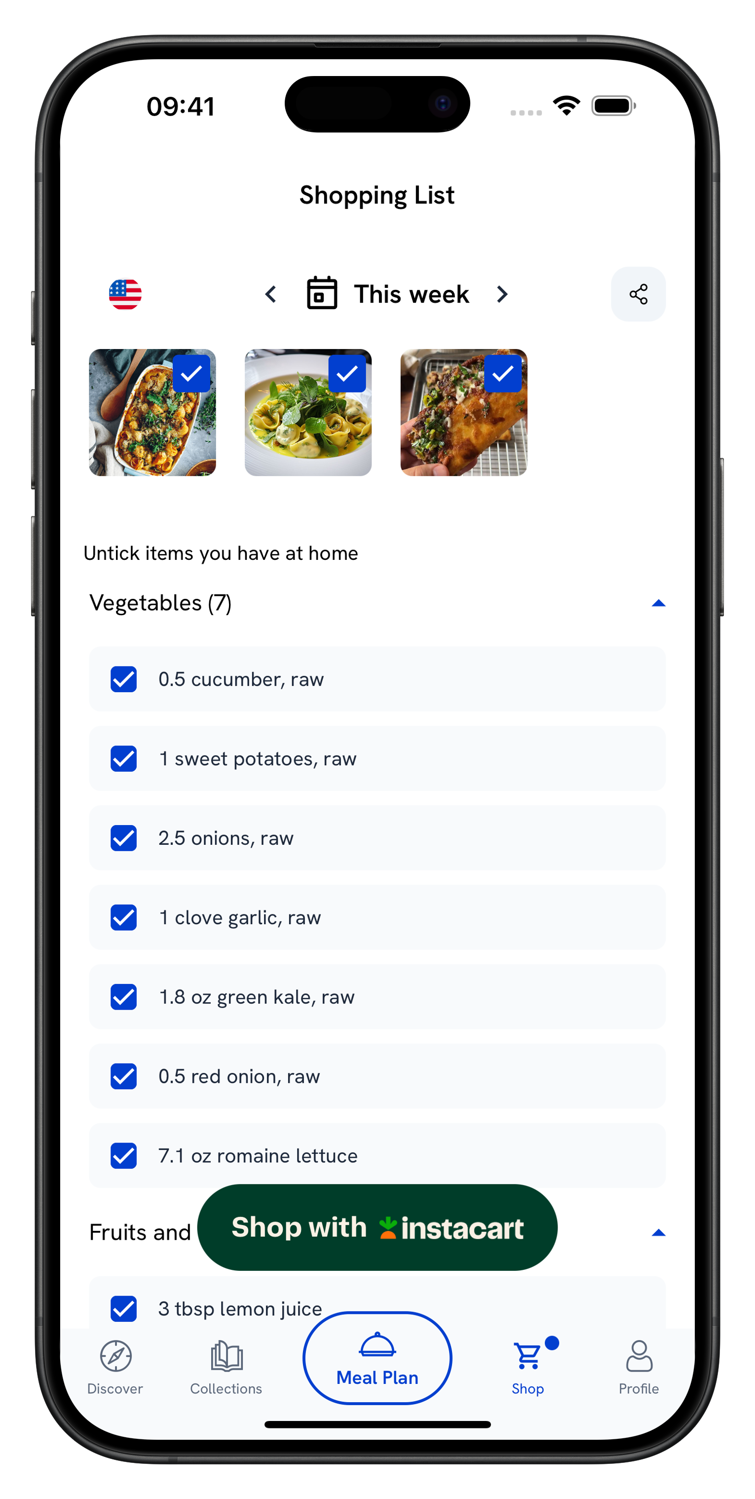 Sundæ consolidated grocery list across multiple recipes