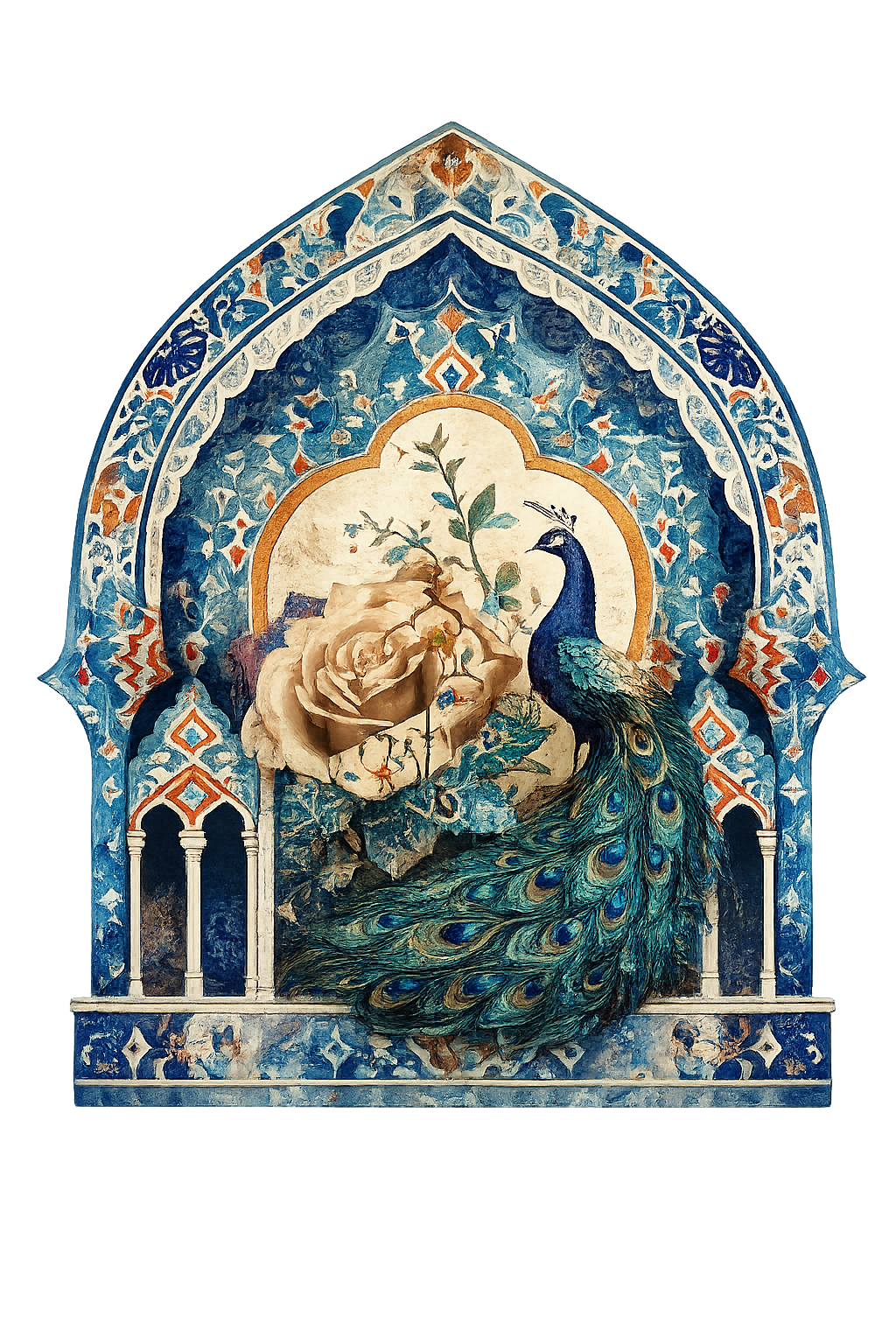 A composition featuring a beige rose with intricate floral patterns, framed by decorative geometric tile designs in blue and green shades.