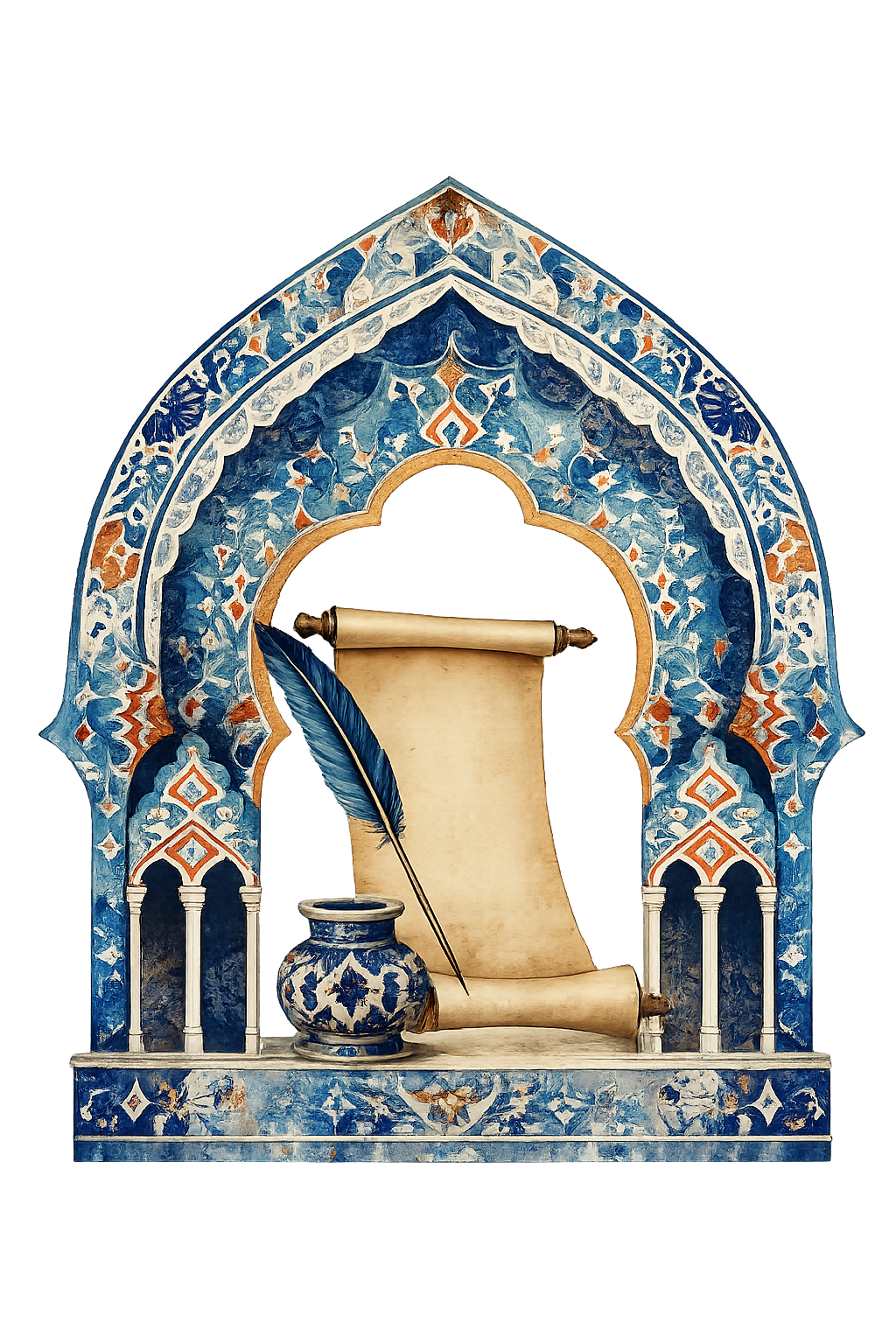 A decorative archway with an ornate blue, orange, and white pattern featuring a blank scroll suspended in the center.