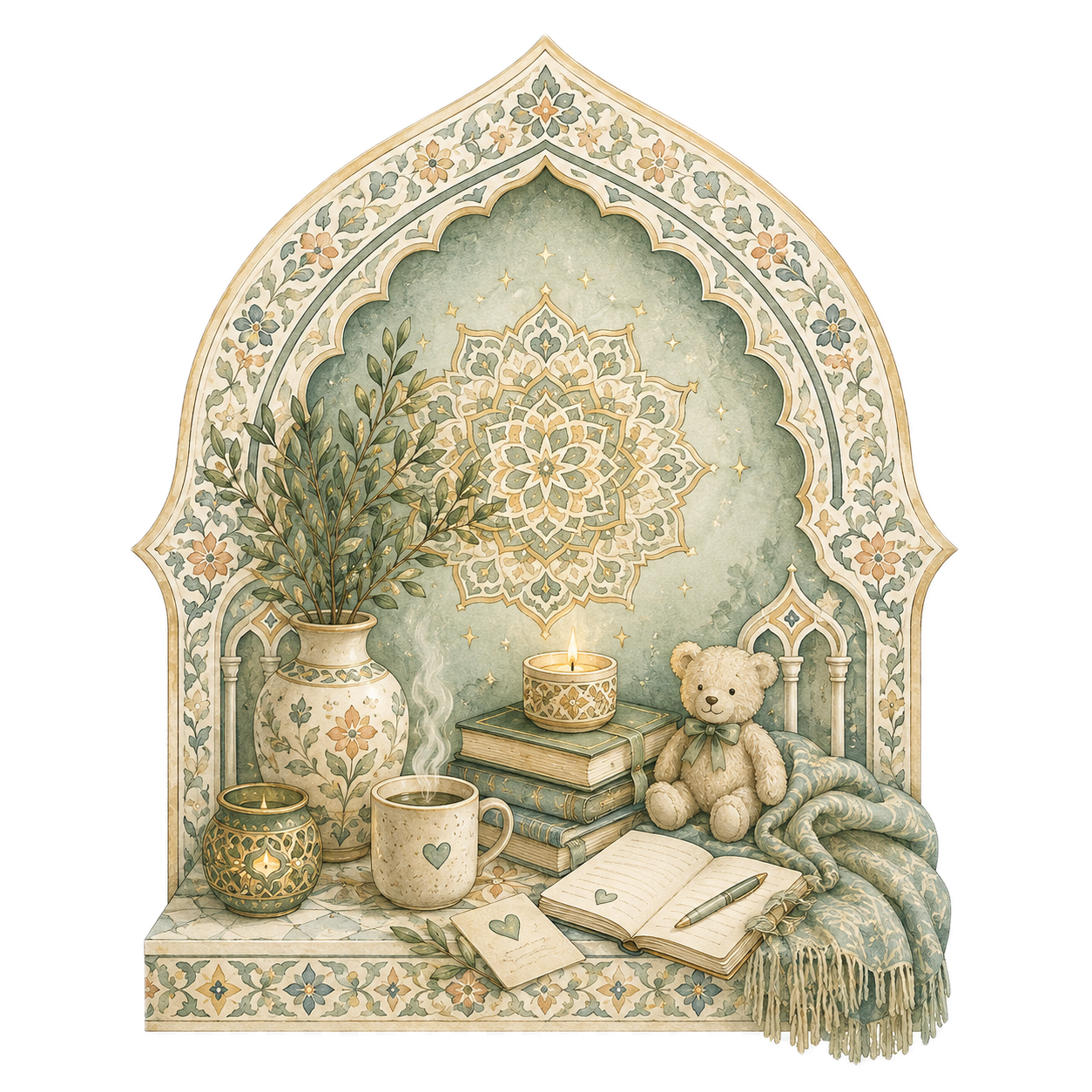 A composition featuring a beige rose with intricate floral patterns, framed by decorative geometric tile designs in blue and green shades.