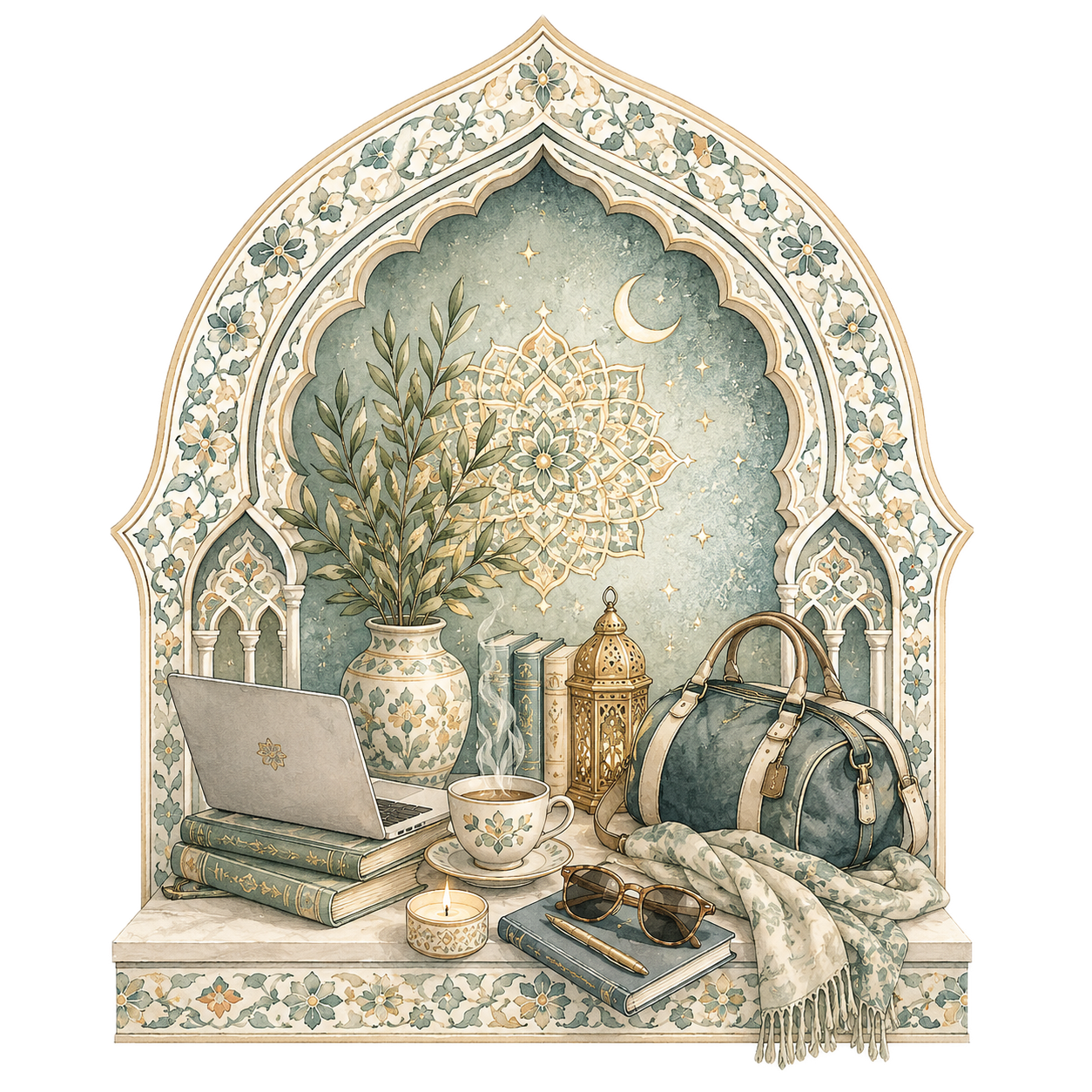 A decorative archway with an ornate blue, orange, and white pattern featuring a blank scroll suspended in the center.
